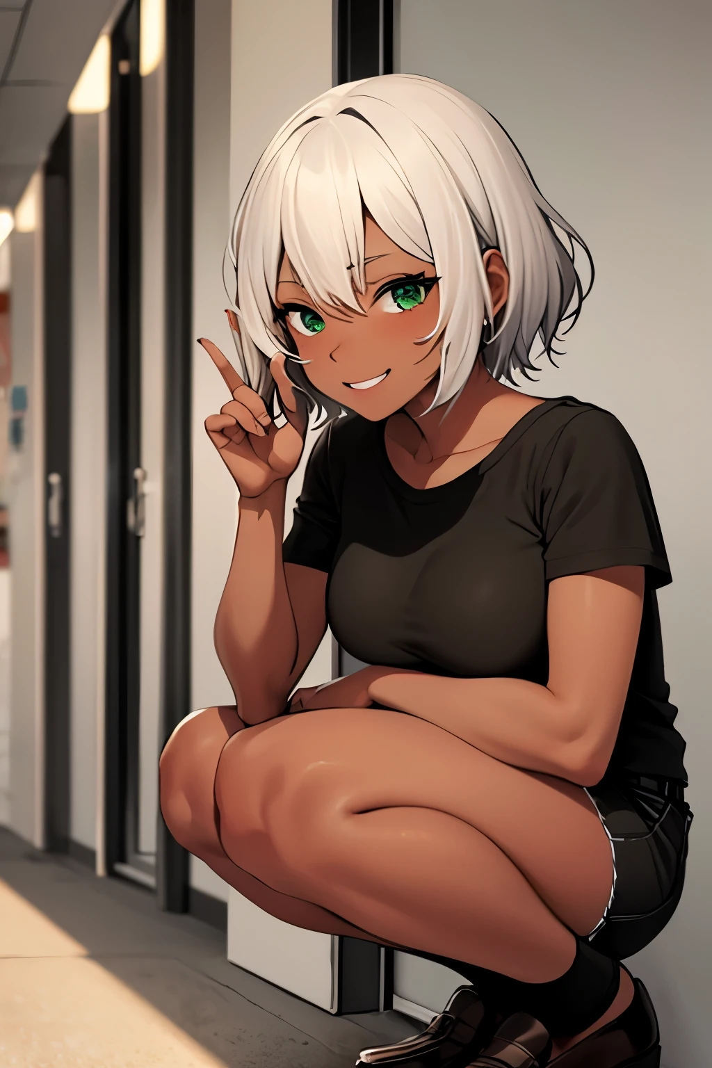(masterpiece, best quality),
1girl, squatting, leaning forward, arm support, lower body,,
BREAK 15 yo, (:1.2), silver hair, short hair, pixie cut, (curly hair:0.8), green eyes,(turime:1.2), (dark skin:1.3), medium breasts,
smile, blush
BREAK ((black , black serafuku, black shirt):1.5), long sleeves, (white neckerchief:1.3),
BREAK black socks, loafers
BREAK hallway, window