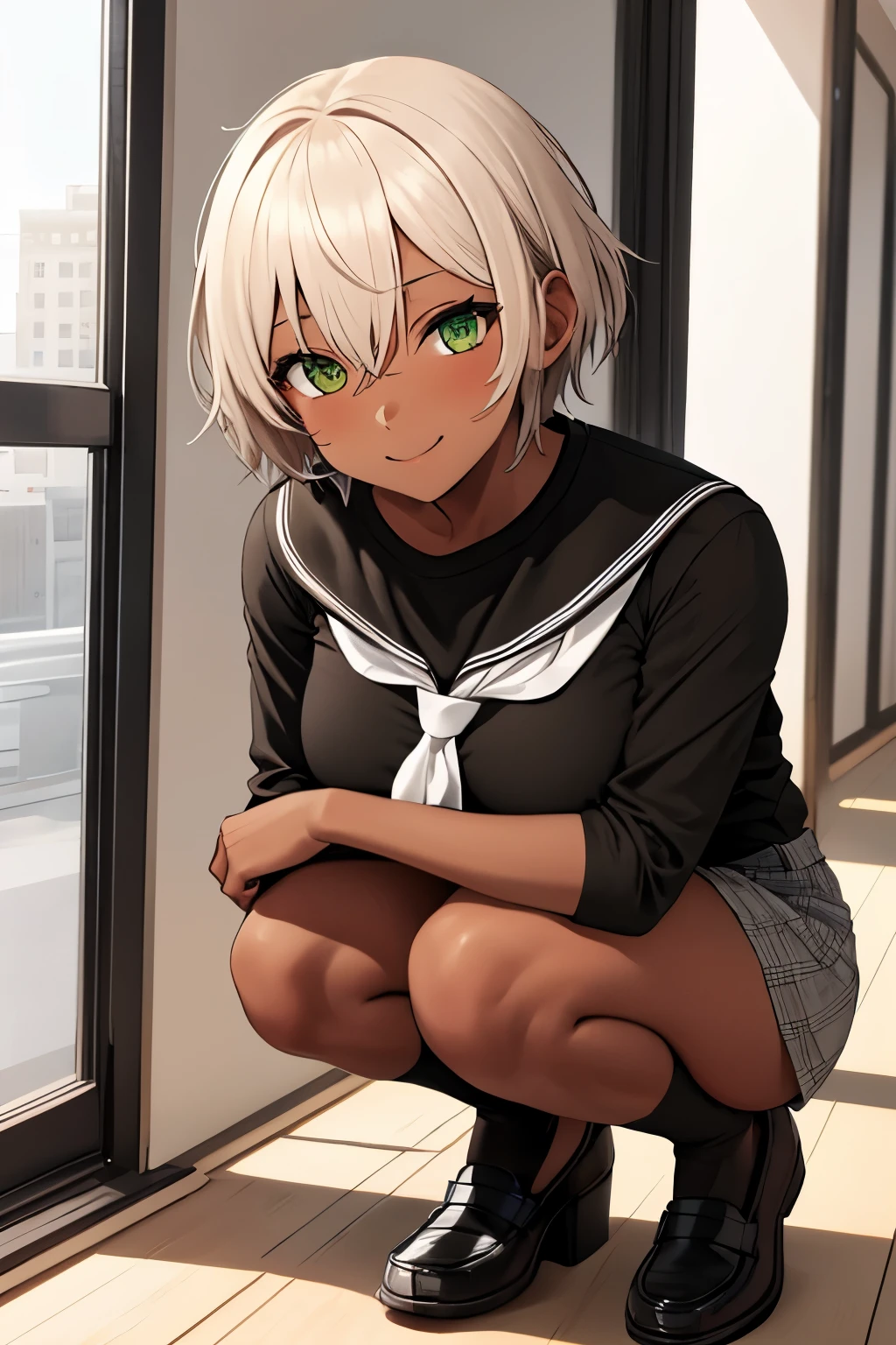 (masterpiece, best quality),
1girl, squatting, leaning forward, arm support, lower body,,
BREAK yo, (:1.2), silver hair, short hair, pixie cut, (curly hair:0.8), green eyes,(turime:1.2), (dark skin:1.3), medium breasts,
smile, blush
BREAK ((black , black serafuku, black shirt):1.5), long sleeves, (white neckerchief:1.3),
BREAK black socks, loafers
BREAK hallway, window
