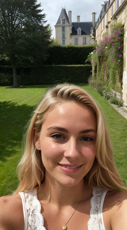 Une femme blonde de 20 ans, (( seins normal)), ((hyperréalisme)) ,. Cheveux blonds with the racines châtain clair. cheveux blond, Cheveux avec des racines brunes, cheveux extra lisse, square cut,  beau, vue de face, selfie, Photo prize with the iPhone, robe charmante sexy marron , selfie dans le jardin, high quality, selfie iPhone, clivage