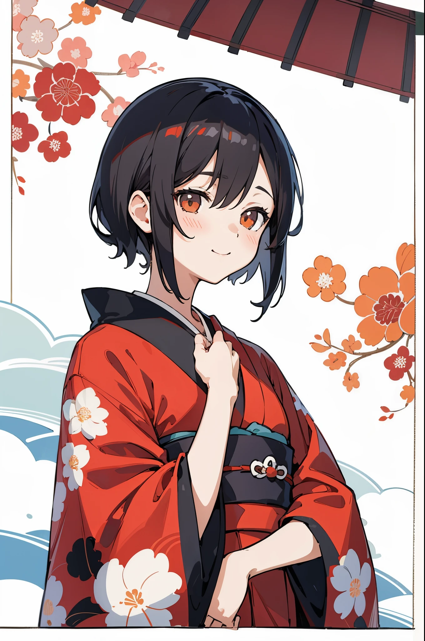 (finely best quality illustration:1.2), (kawaii girl:1.0), (1girl, solo:1.0), (black short hair:1.0), (red kimono, tsubaki pattern:1.0), (smile:0.6), (upper body:1.0), (ultra-detailed, highres:1.0),