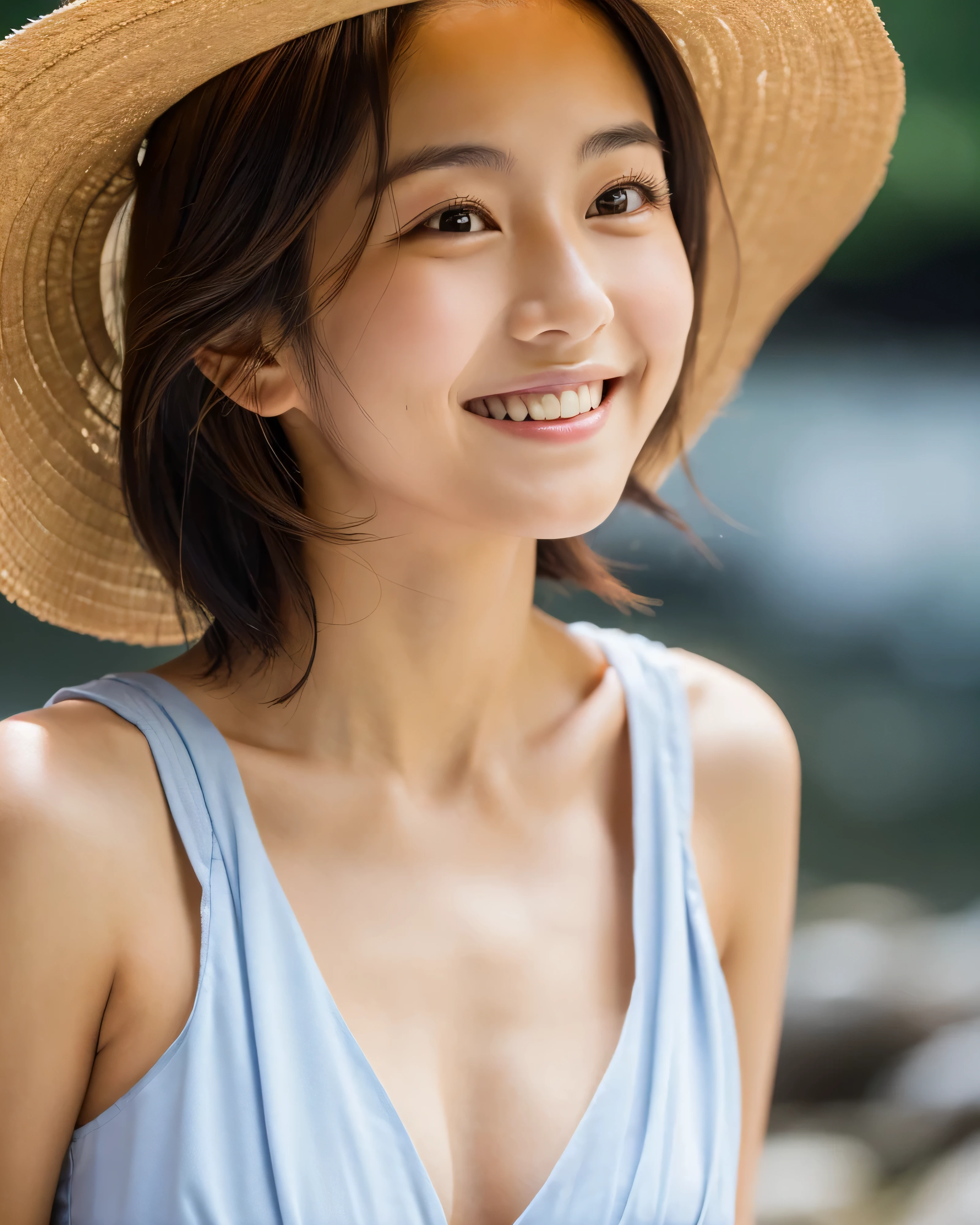 masterpiece,best quality,(Japanese ),((Beautiful girl)),cleavage,(perfect body beauty:1.2),(shy smile),beautiful teeth,(straw hat),