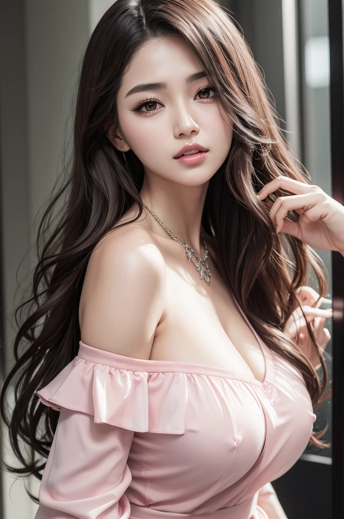 Canon RF85mmf/1.2,masterpiece,highest quality,ultra high resolution,you,1 girl,(korean mixed,K-POP idol:1.2),alone,white_shiny_skin,black eye,necklace,((Brown_length_wavy_hair)),((pink_shiny_lips)),eyelash,前hair,deal with,compensate,shiny,pore,skin texture,bracelet,off shoulder,See-through,big breasts