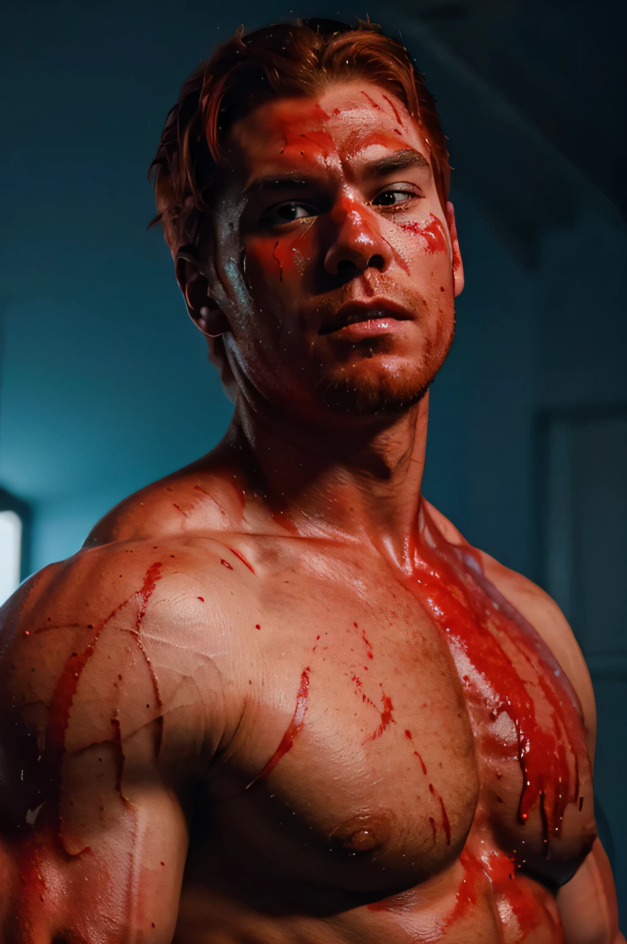 make a red-haired and muscular man dressed in blue full image with bloodstains