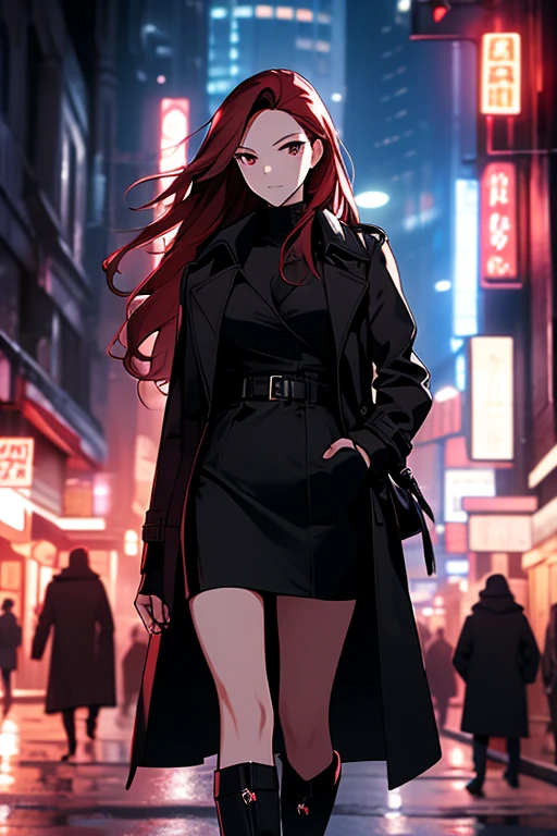 the night,A beautiful woman wandering the streets,the street,Wear a black trench coat,Leather skirt,Long reddish hair,The best composition,anime,((Dynamic angle camera shooting))),dynamicposes,