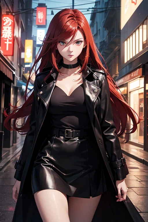 a mature woman, green eyes, red hair with long bangs, noble, mafia. sadistic women, wavy long hair. wear black purple winter jacket. strong woman. background in mansion