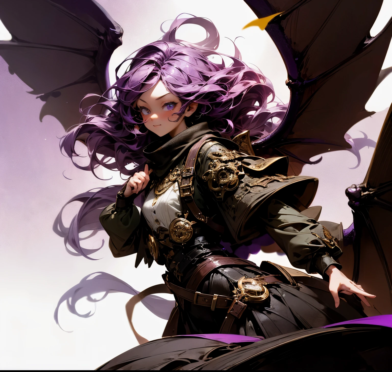 master piece, 1 girl, solo, dragon wings, dragon wings, wavy hair, steampunk goggles, anime, cute fairy, lovely digital painting, Amazing wallpapers, purple, lighting, steampunk theme, dragon theme, draconic, purple color, 4k, highly detailed, anime style, HDR, subsurface scattering, cinematic light, vivd colour, dynamicposes