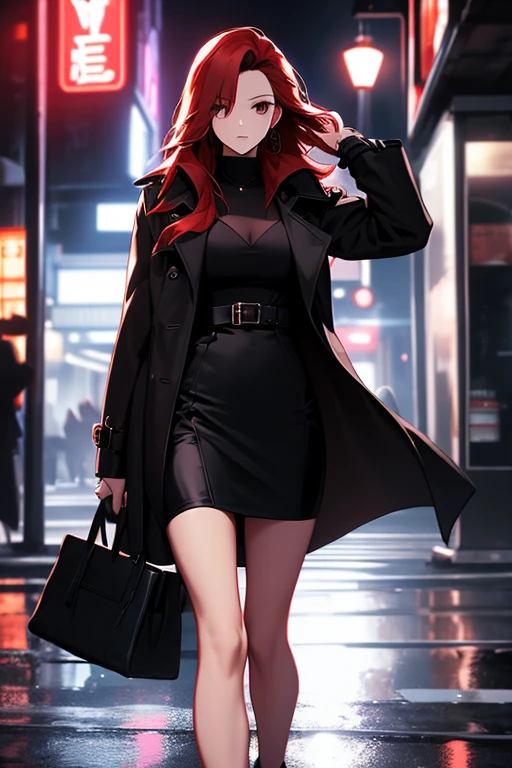 the night,A beautiful woman wandering the streets,the street,Wear a black trench coat,Leather skirt,Long reddish hair,The best composition,anime,((Dynamic angle camera shooting))),dynamicposes,