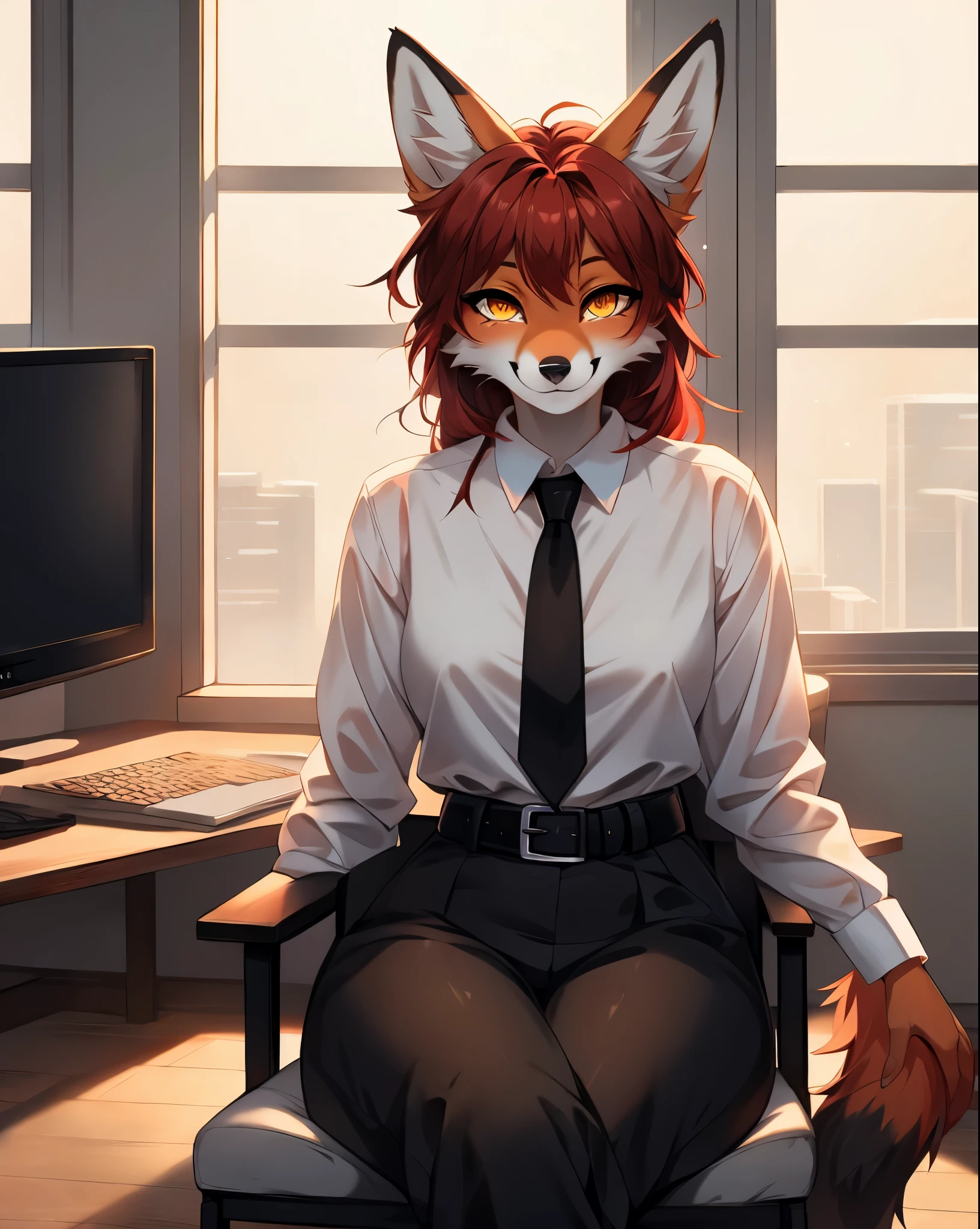 By fumiko, by hyattlen, by hioshiru, Makima, red fox girl, red fox ears, cute snout, black nose, red fox tail, smiling, yellow eyes, ringed irises, red hair, red side locks, wearing white button up shirt, black tie, black dress pants, belt, sitting in an office, warm lighting, on a chair, legs crossed, front view, hands on her lap,