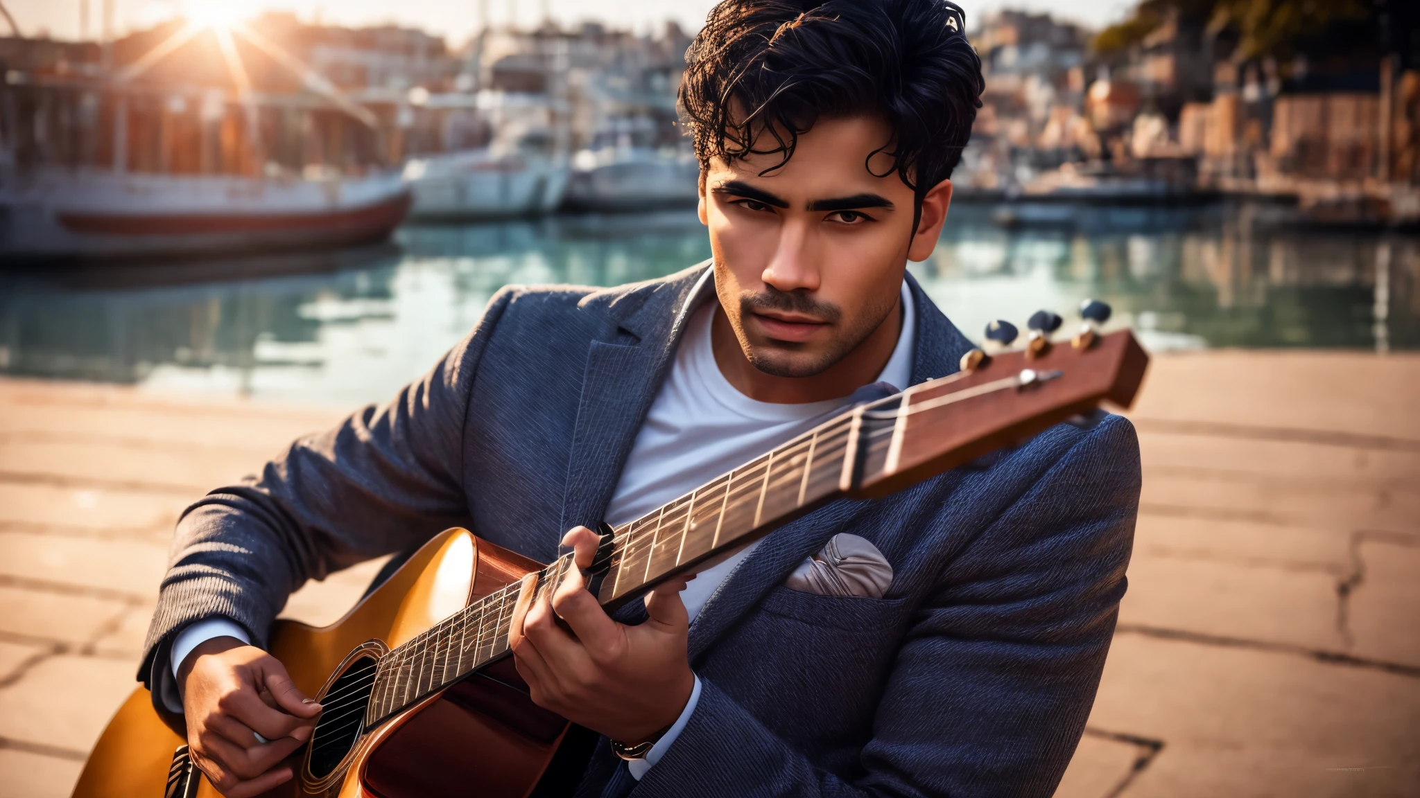 best quality, masterpiece, full body professional photography, seaside background, realistic landscape portrait of a male singer playing a guitar, singing and dancing, short dark hair, casual clothes, Highly detailed face, smirking, perfect face, perfect anatomy, beautiful body, natural face, natural beauty, big detailed brown eyes, photorealistic, hyperdetailed photography, hyper realistic, lifelike texture, cinematic lighting, UHD 8k, ultra quality, ultra detailed, Movie Still, Film Still, natural lighting, pretty women