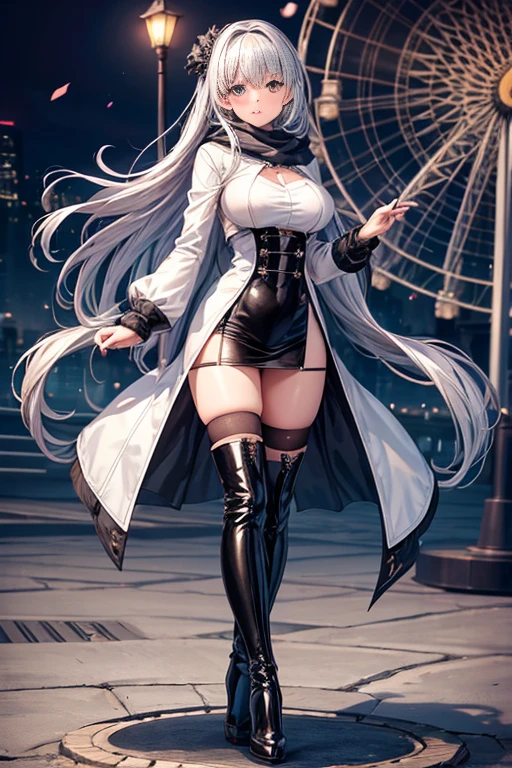 8k、highest quality、masterpiece、ultra high resolution、adult woman、silver hair、long coat、Scarf、Floral miniskirt、black knee high socks、long heel boots、big breasts、long legs、thin thighs、thin waist、stick out your butt、press your chest together、valley、blush、Inside the Ferris wheel