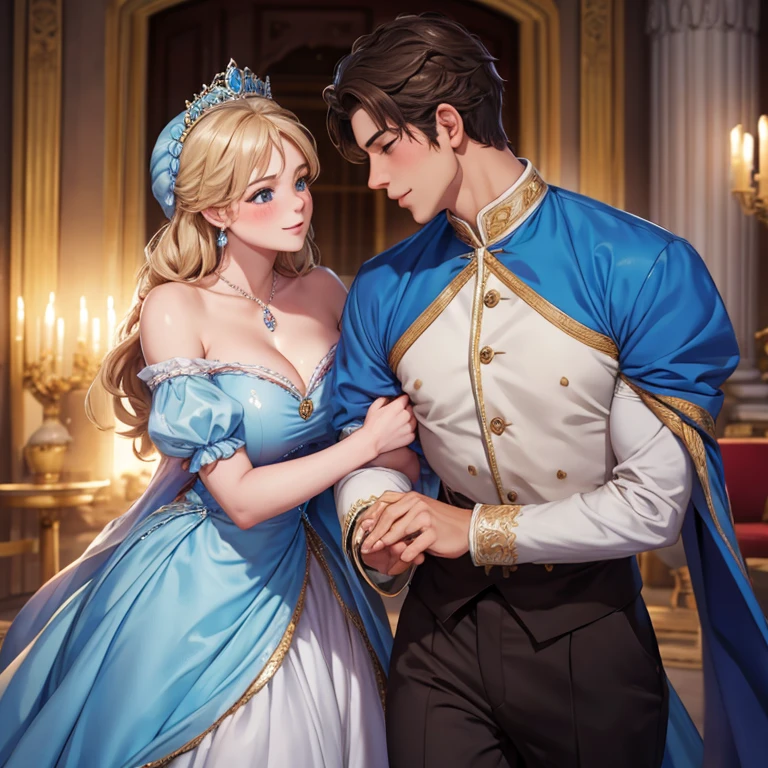 Blushing Cinderella hugs the handsome prince in the palace, Lovers