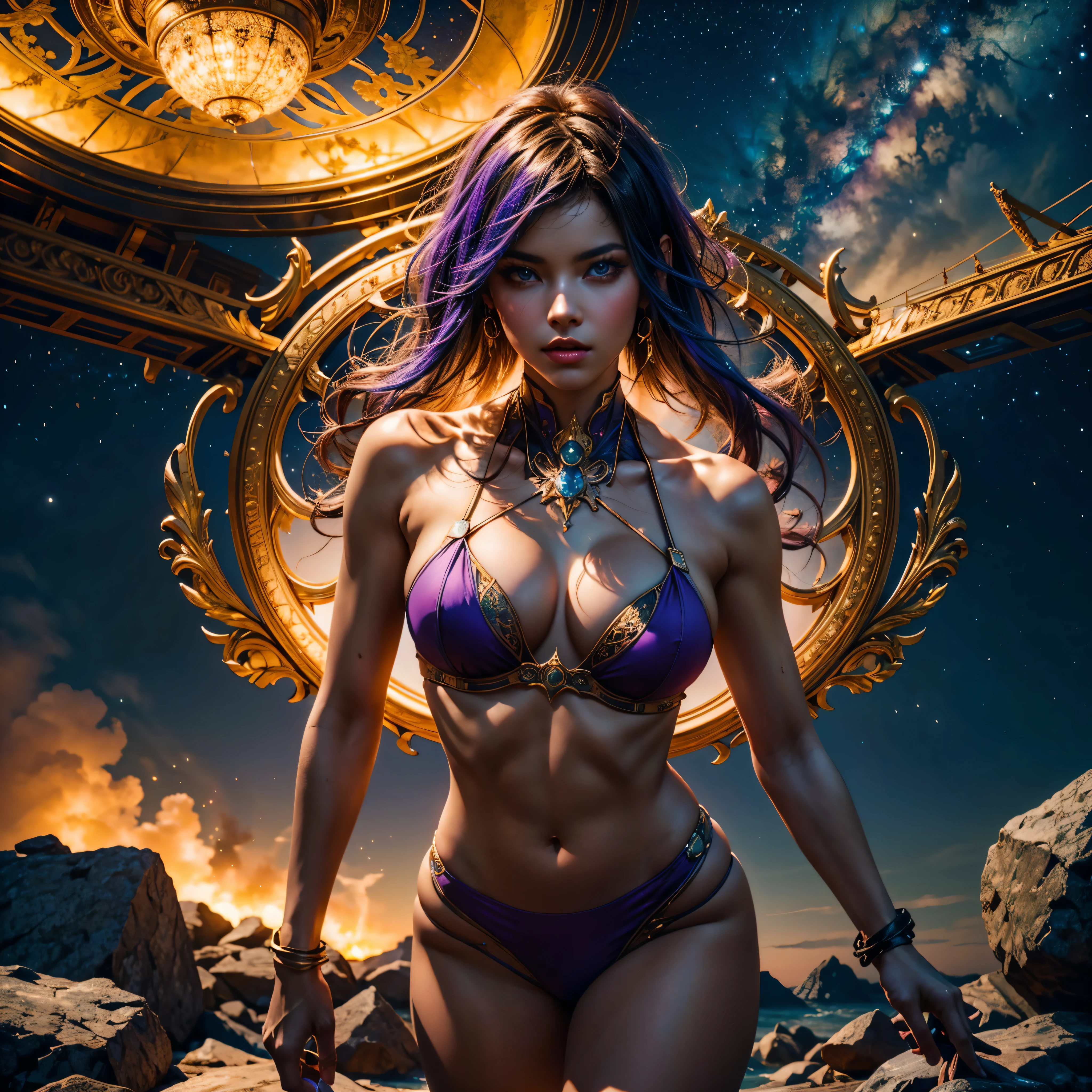 epic Nebulae stunning nebula vibrant hues ethereal interstellar sparks curiosity birth evolution stars Sun hyper starry_sky spacious SunShine panoramic sunset ultra sunrise ((Cinematic light, Best quality, Masterpiece :1.3)), Gorgeous Native Afro girl, Beautiful African with thin abs :1.4, (purple hair, breasts :1.3), rope panties, bra :1.2, hopefully falling, seductive open lips, urban, ultra-detailed face, detailed eyes, double eyelidwork, best quality, Neeko, hairgear ornaments, Lys, body paint fullbodye tattoo, calango tail, trying to be sexy,((golden outfits fashion suit)), showing sweaty armpits, steamy, sexual teasing, ((standing split)), fight position, hands shining purple, see-through bikini, deep path Equirectangular_360 street UnrealEngine5 Ultra Masterpiece Cinematic_sunlight ultra Pro_Photo-realistic optimal ultra_high-quality opengl-shaders ultra_high-details accurate reflex ultra_high-resolution perfection volumetric lightning improved Octane_rendues ultra_high-definition UHD XT3 DSLR HDR 3dcg shadow analogiques extatiques symmetrical dazzling Will-o'-the-wisp global luminescence plasma hearth incandescente reflection varied multi etc. --v 6 --s 1000 --c 20 --q 20 --chaos 100