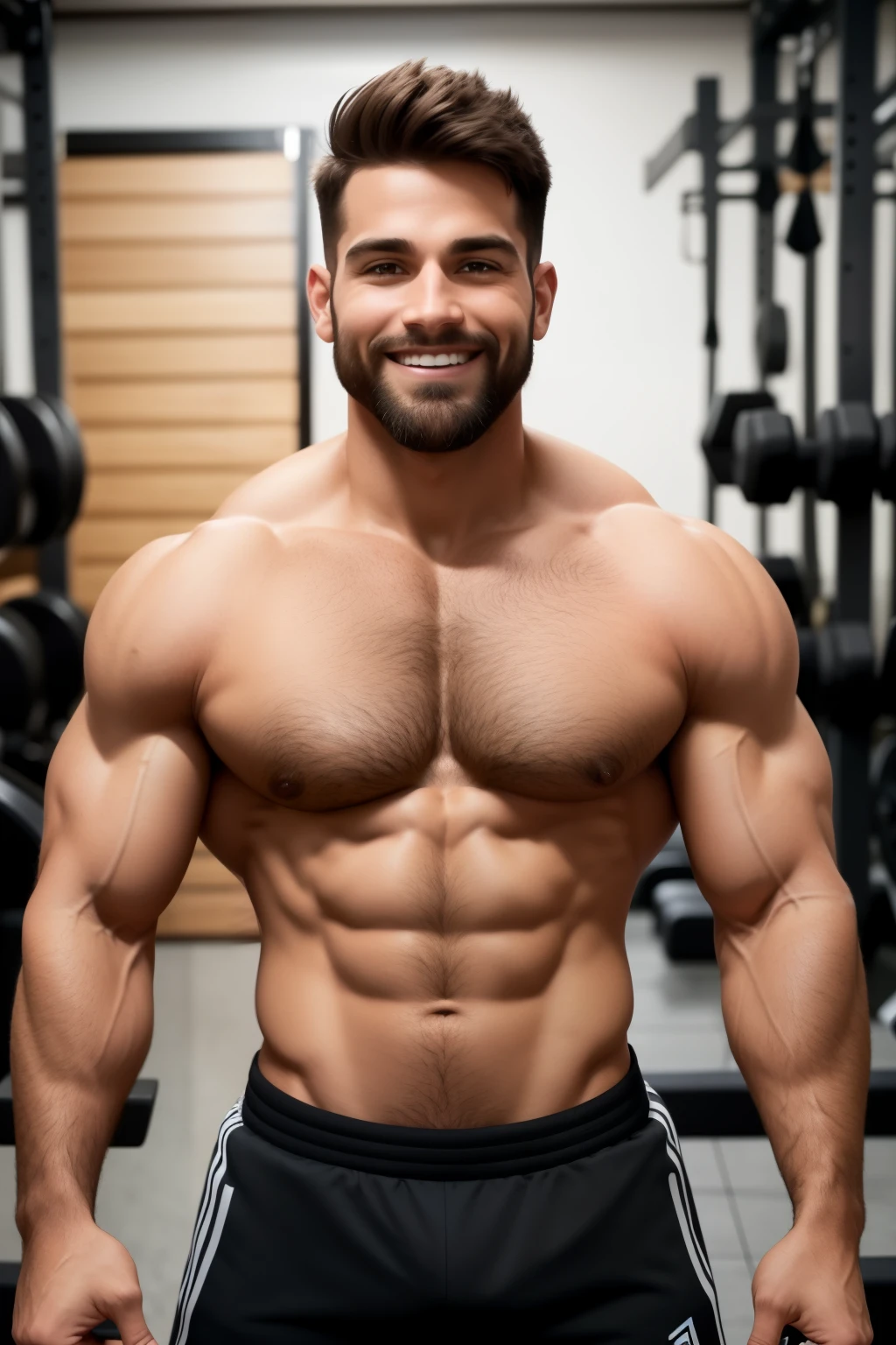 Photo of a 30-year-old athletic man, exuding raw masculinity, with a well-groomed beard and a proudly displayed hairy chest, wearing a sleeveless t-shirt that perfectly accentuates his sculpted physique. His short brown hair adds to his rugged charm as he confidently poses in his tight-fitting workout attire. The vibrant gym environment serves as the backdrop, with state-of-the-art equipment and energizing atmosphere. The man's infectious smile radiates positivity and self-assurance, captivating the viewer's attention. This photo captures a moment of genuine joy and accomplishment, showcasing the man's dedication to his fitness journey. The image is meticulously detailed, highlighting the intricate texture of his skin and the contours of his muscles. Photographed using a high