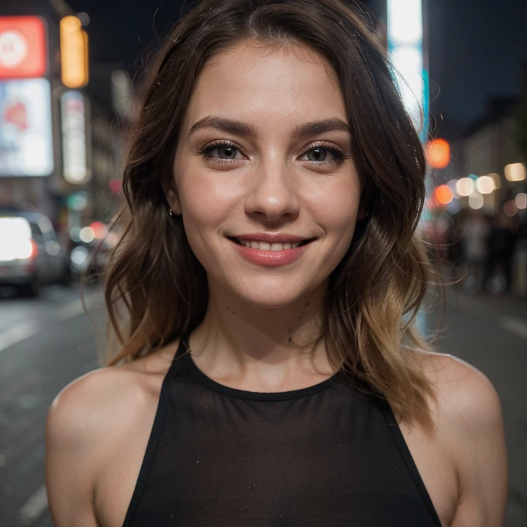 Aida Baiardi) (hyper realistic) (8k photography) natural beauty, blonde hairs, medium hairs, (perfect face) blue big eyes, upturned nose, full lips, slim and athletic, side glance, night time, long dark red dress, (smile:1.1), (big happy smile:1.1), city street, full length portrait, sweet smile, dark lights