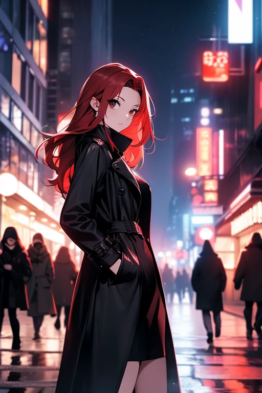 the night,A beautiful woman wandering the streets,the street,Wear a black trench coat,Leather skirt,Long reddish hair,The best composition,anime,((Dynamic angle camera shooting))),dynamicposes,