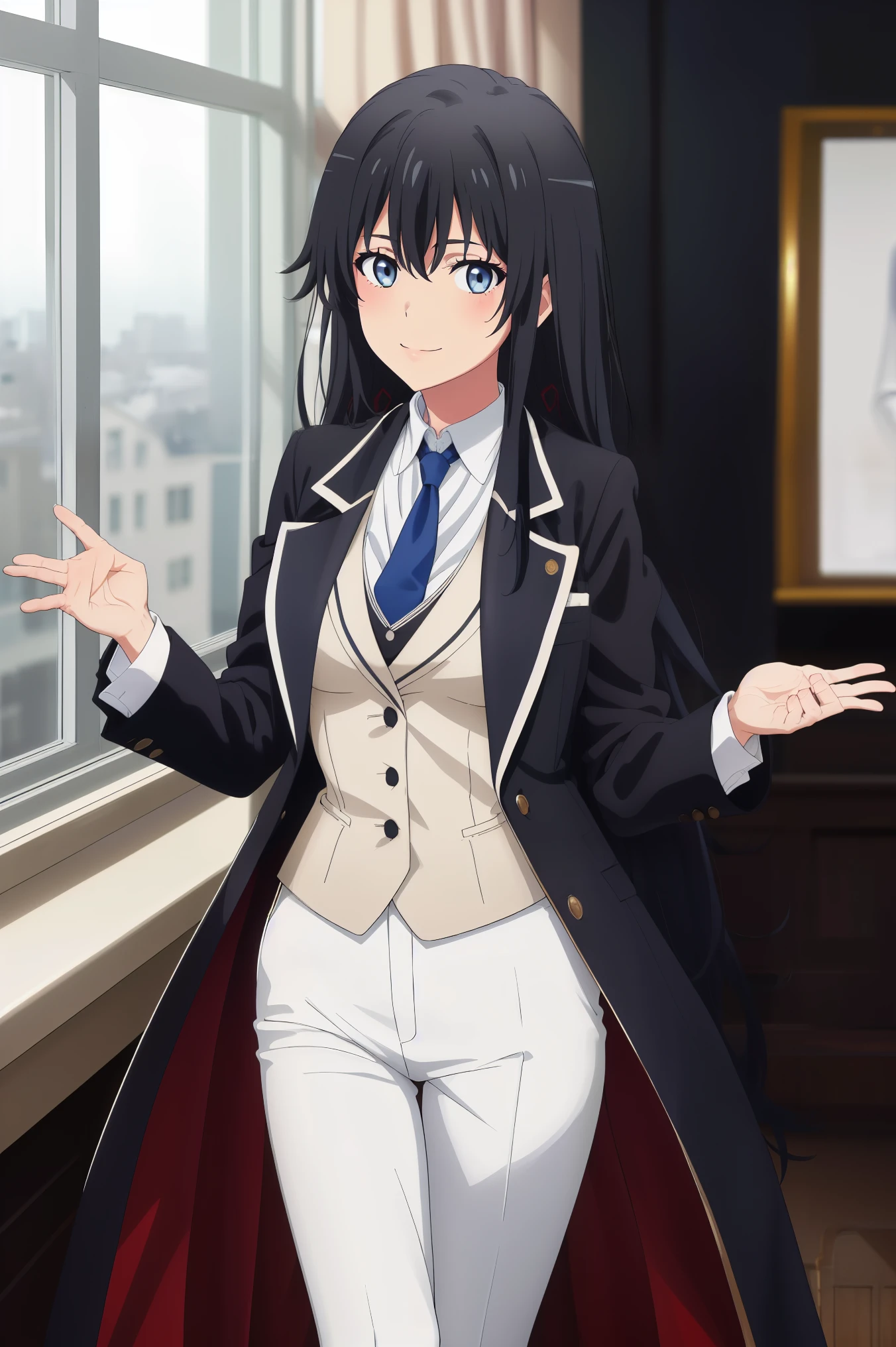 ((best quality)), ((masterpiece)), (detailed) 1girl, ;\), blurry, blurry_background, breasts, , hair_long looking_at_viewer, ok_sign, open_hand, Yukinoshita Yukino ,Woman wearing formal clothes, An attractive coat stands in a large gap in the room , 1girl, 独奏, blue necktie, Black hair, eyes blue, long hair, smile , collared shirt, white pants, white shirt , Elegantly designed coat , Stand in front of a window ,Perfectly tailored tailcoat. It has a stunning Victorian design and is made of lustrous fabric