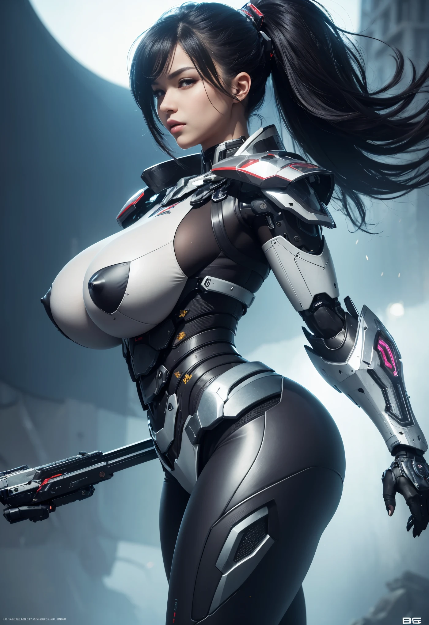 Textured skin, Super Detail, high details, High quality, Best Quality, hight resolution, 1080p, hard disk, Beautiful,(cyborgs),(Missiles from the chest),(Machine gun from both hands),beautiful cyborg woman,Mecha Cyborg Girl,Battle Mode,Girl with a Mecha Body,She wears a battle cyborg mech with a weapon, (Fulll body Shot), (CURVY:1.2), (BIG TITS:1.2), (BBW:1.2), (FROM SIDE:1.2), (SFW:1.5)