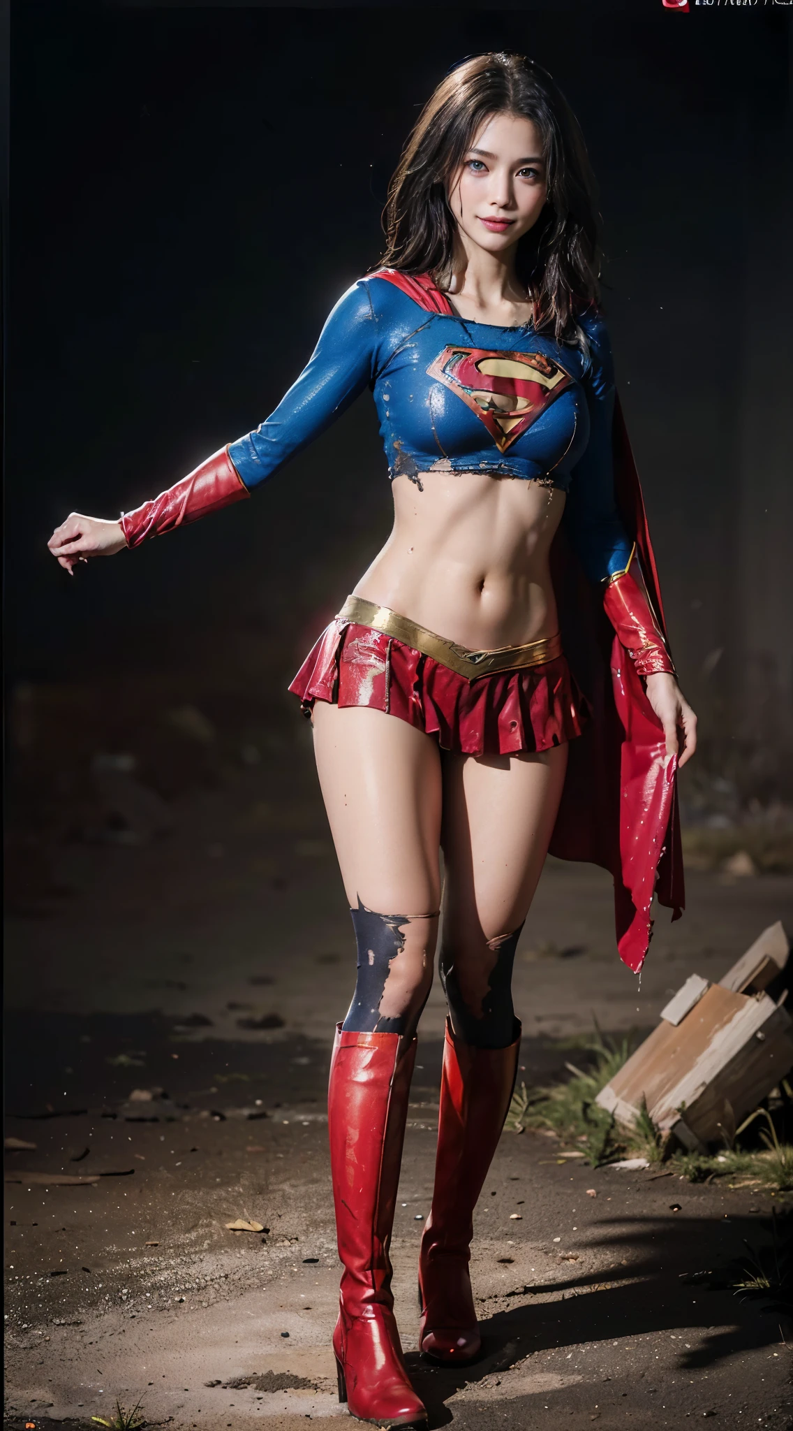 no background、short hair、supergirl costume、Snug costume、(((stretch your legs、tall、Legally express the beauty of your smile)))、((((Get the most out of your original images)))、(((supergirl costume、torn、Tattered、being destroyed)))、(((beautiful hair)))、(((I&#39;m in pain)))、(((Legs must be worn with black tights)))、(((must wear red boots、being destroyed)))、((Highest image quality、8K))、((highest quality、8K、masterpiece:1.3))、(((keep background )))、clear focus:1.2、beautiful woman with perfect figure:1.4、Full of scars、bloody、full of blood、slender abs:1.2、wet body:1.5、Highly detailed face and skin texture、8K