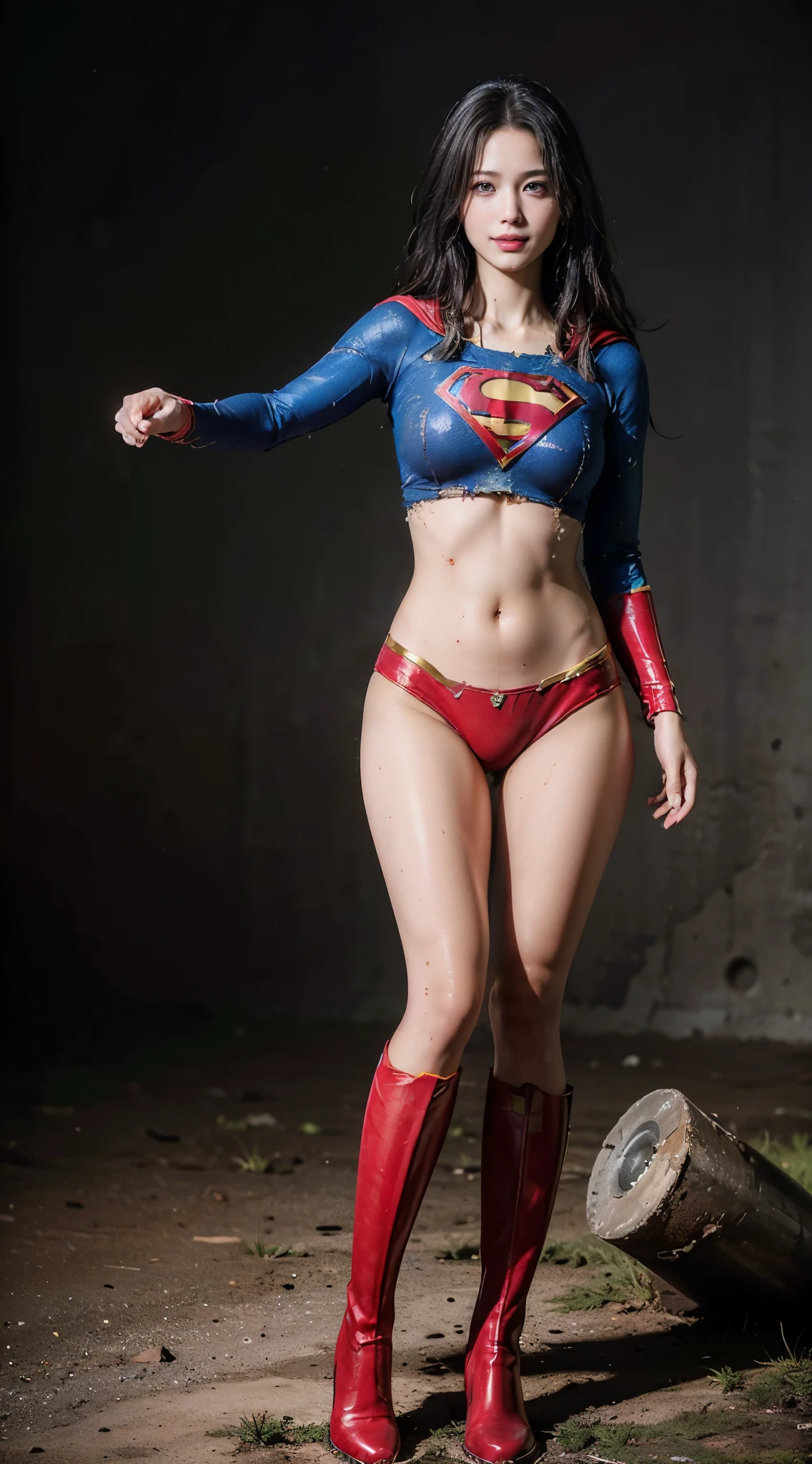 no background、short hair、supergirl costume、Snug costume、(((stretch your legs、tall、Legally express the beauty of your smile)))、((((Get the most out of your original images)))、(((supergirl costume、torn、Tattered、being destroyed)))、(((beautiful hair)))、(((I'm in pain)))、(((Legs must be worn with black tights)))、(((must wear red boots、being destroyed)))、((Highest image quality、8K))、((highest quality、8K、masterpiece:1.3))、(((keep background )))、clear focus:1.2、beautiful woman with perfect figure:1.4、Full of scars、bloody、full of blood、slender abs:1.2、wet body:1.5、Highly detailed face and skin texture、8K