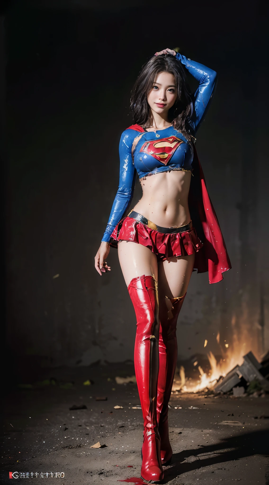 no background、short hair、supergirl costume、Snug costume、(((stretch your legs、tall、Legally express the beauty of your smile)))、((((Get the most out of your original images)))、(((supergirl costume、torn、Tattered、being destroyed)))、(((beautiful hair)))、(((I&#39;m in pain)))、(((Legs must be worn with black tights)))、(((must wear red boots、being destroyed)))、((Highest image quality、8K))、((highest quality、8K、masterpiece:1.3))、(((keep background )))、clear focus:1.2、beautiful woman with perfect figure:1.4、Full of scars、bloody、full of blood、slender abs:1.2、wet body:1.5、Highly detailed face and skin texture、8K