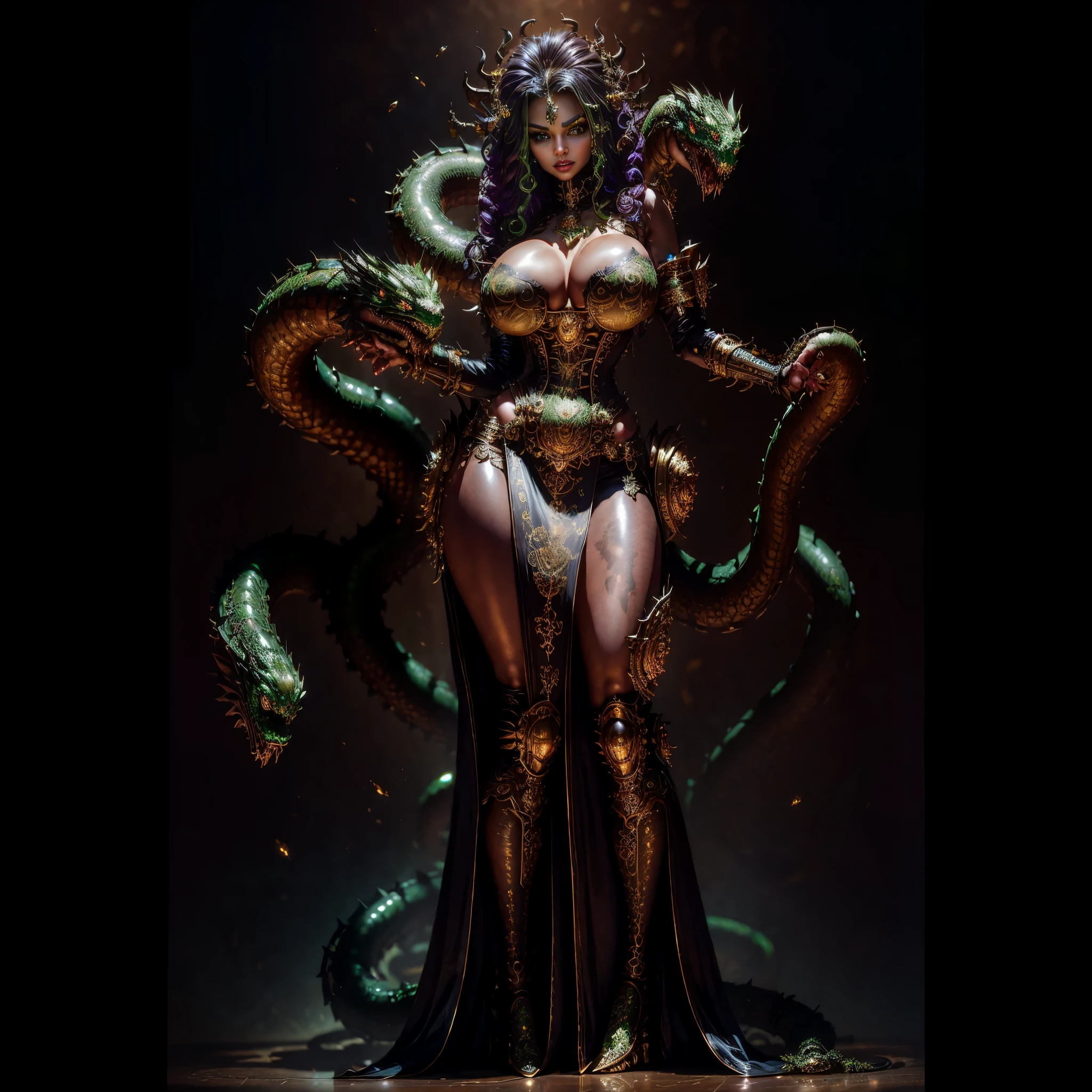 ((best quality)), ((masterpiece)), ((realistic)), Medusa, full body, the hair is composed of countless small snakes, green eyes, female face, metal carved top, royal aura, steampunk style, trend on artstation , sharp focus, studio photo, intricate detail, very detailed, detailed eye, illustration, very detailed, sharp focus, digital render, professional,