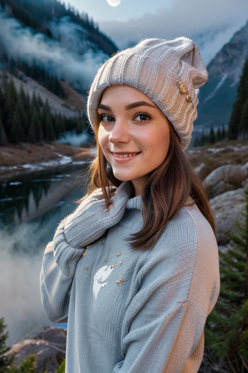 photograph, photo of beautiful woman, selfie, upper body, solo, wearing pullover, outdoors, (night), mountains, real life nature, stars, moon, cheerful, happy, gloves, sweater, beanie, forest, rocks, river, wood, smoke, fog, looking at viewer, skin texture, photo grain, close up, RAW photo