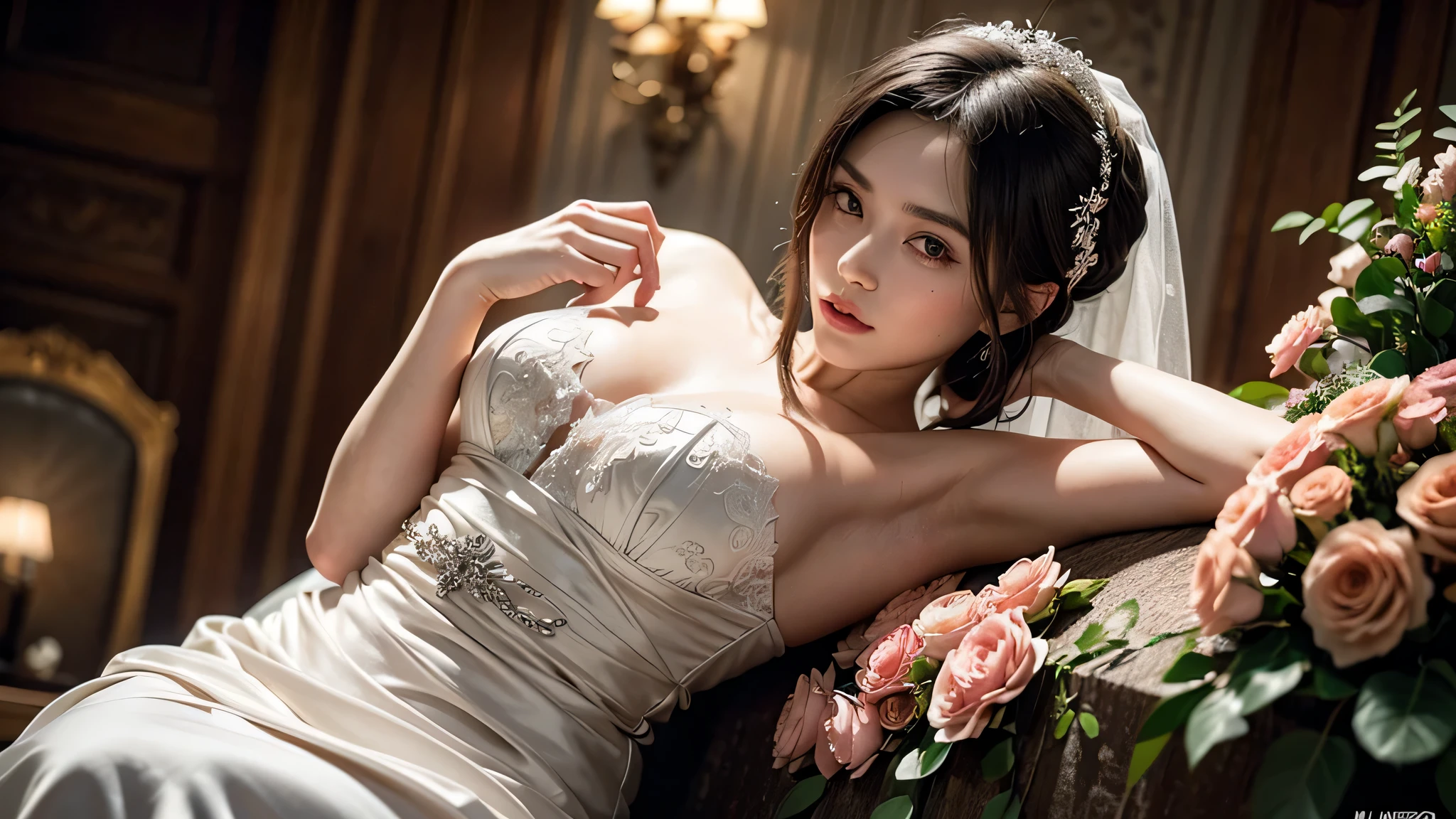 masterpiece:1.2, best quality), realistic, (real picture, intricate details, depth of field), (1girl, solo), make up, parted lips, highly-detailed, perfect face, (skindentation), thick thighs, wide hips, small waist, tall, glossy coral lips,, (A girl in a wedding dress with flowers in hands )), sexy, blushing, Mikasa from AOT