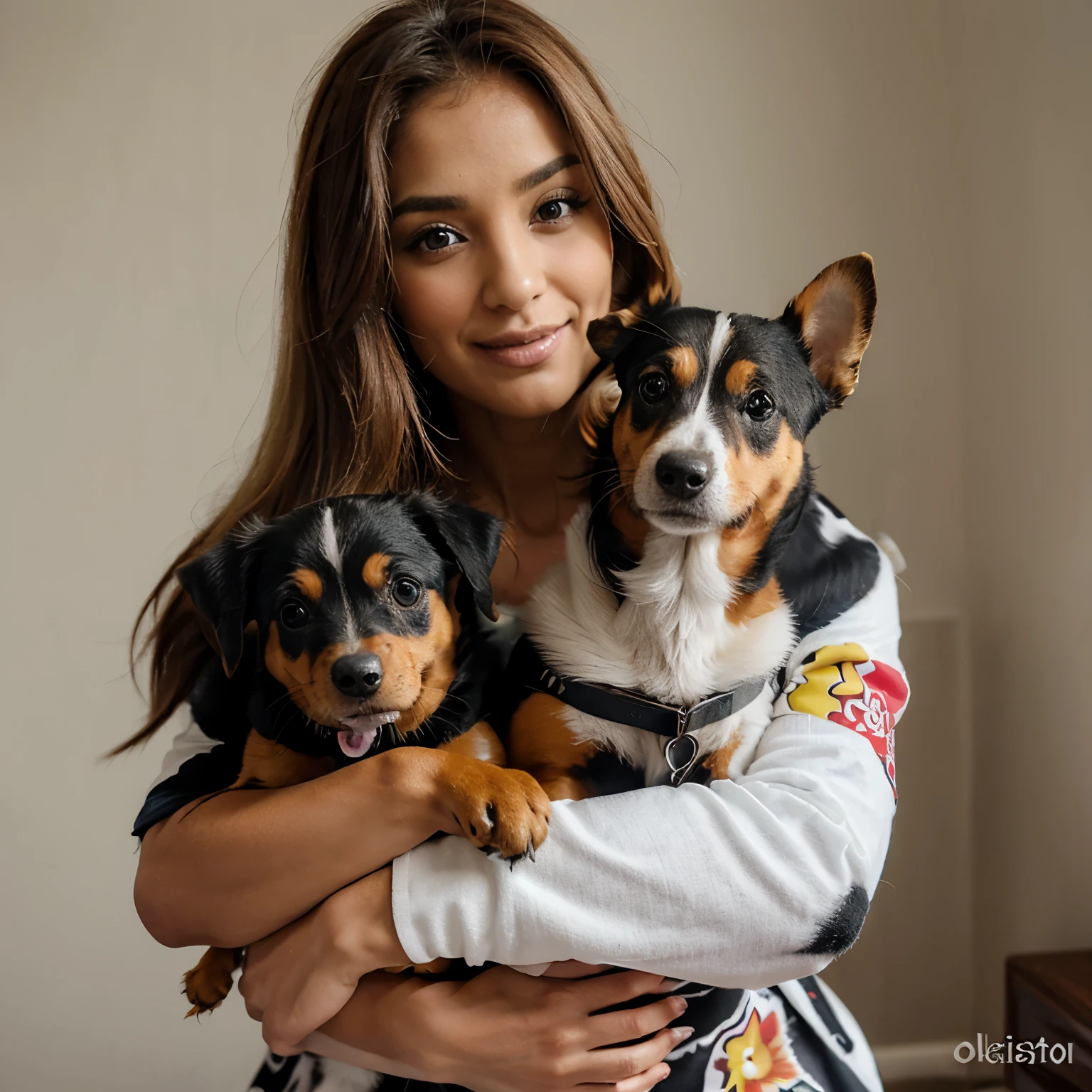 Criar uma de 3 anos, cabelos castanho claro, olhos grandes e cor castanho esverdeado de vestido, holding a harlequin daschund dog