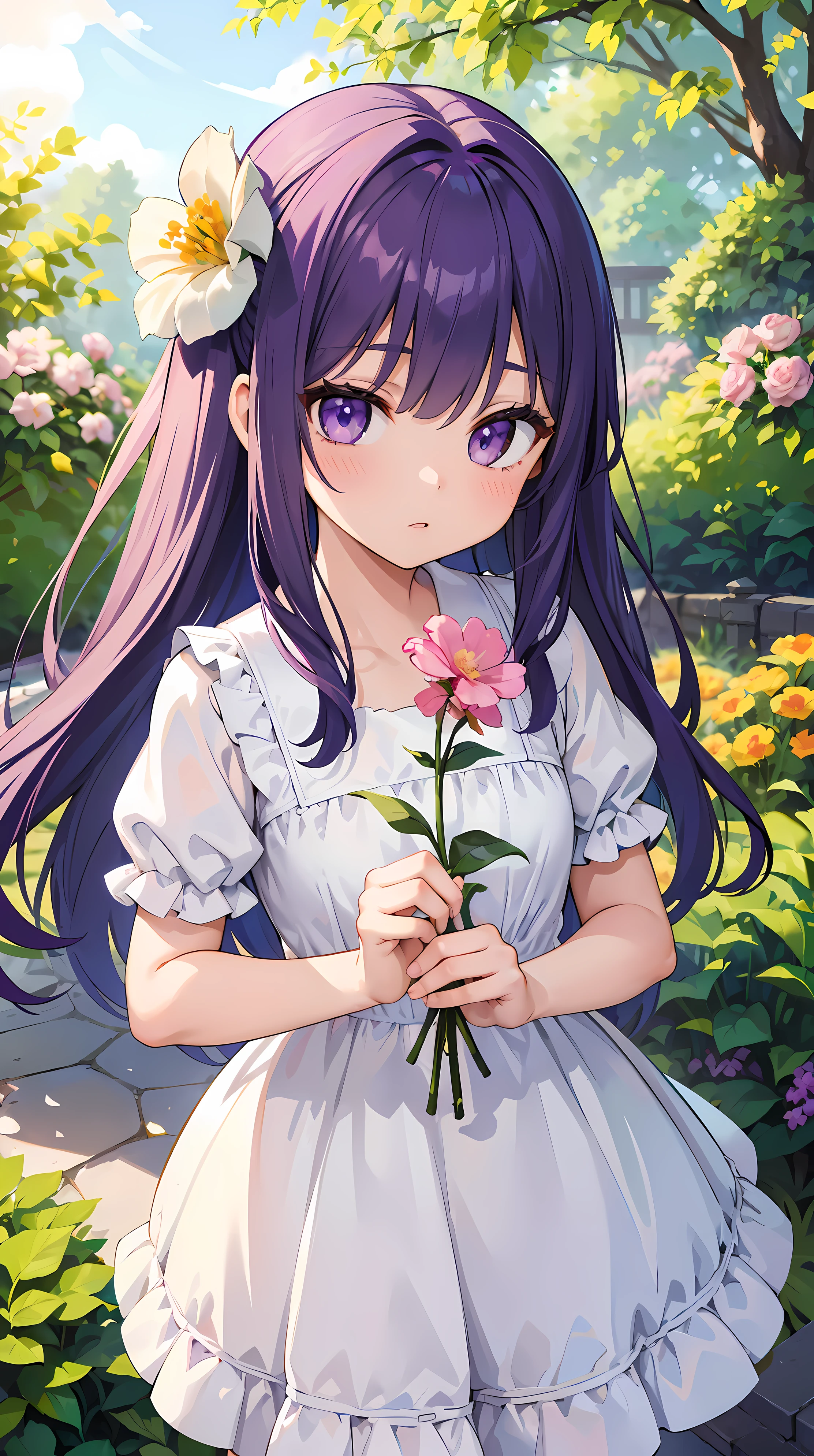 Girl, Wear a kawaii dress, White dress, Purple hair, tall hair, garden, The best details, the best quality, Best eye details,
((( He holds a flower and shows it to the viewer)))