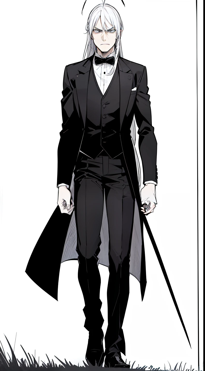 (1man,male),tall,cowboy shot,white hair,long hair,(((hair 2antennas))),(black blazer,black vest,black tie,black pants),angry face,(standing in grass,sky,line drawing),full body,standing