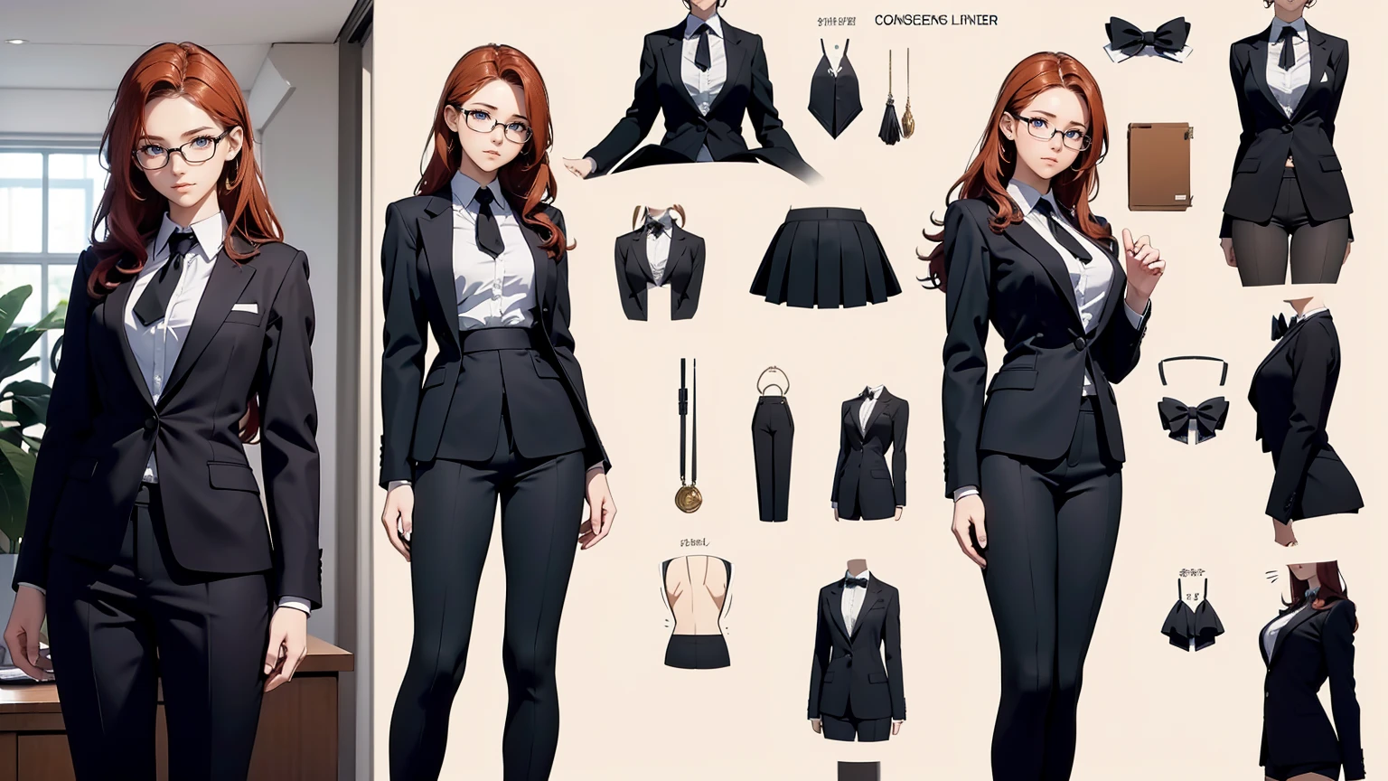 ((Masterpiece, Highest quality)), Detailed face, character design sheet, full bodyesbian, Full of details, frontal body view, back body view, Highly detailed, Depth, Many parts, (young girl with long hair ginger), 18 years old, shy gorgeous girl, same character, muscle body, business clothes, girl tall, sexy secretary, glasses, short black skirt, white shirt, black tie