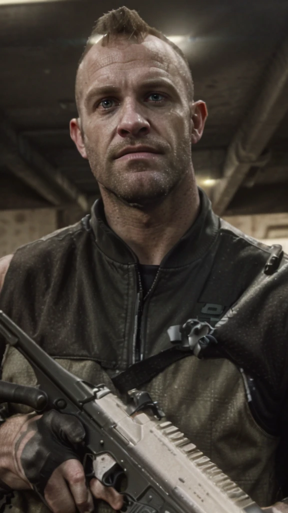 a close up of a man holding a gun in a garage, kane from command & conquer, barret frymire, trevor phillips, as the protagonist of gta 5, spec - ops head, video game character, male with halo, as a character from gtav, jack baker from resident evil 7, smug look, damian kryzwonos, star citizen halo