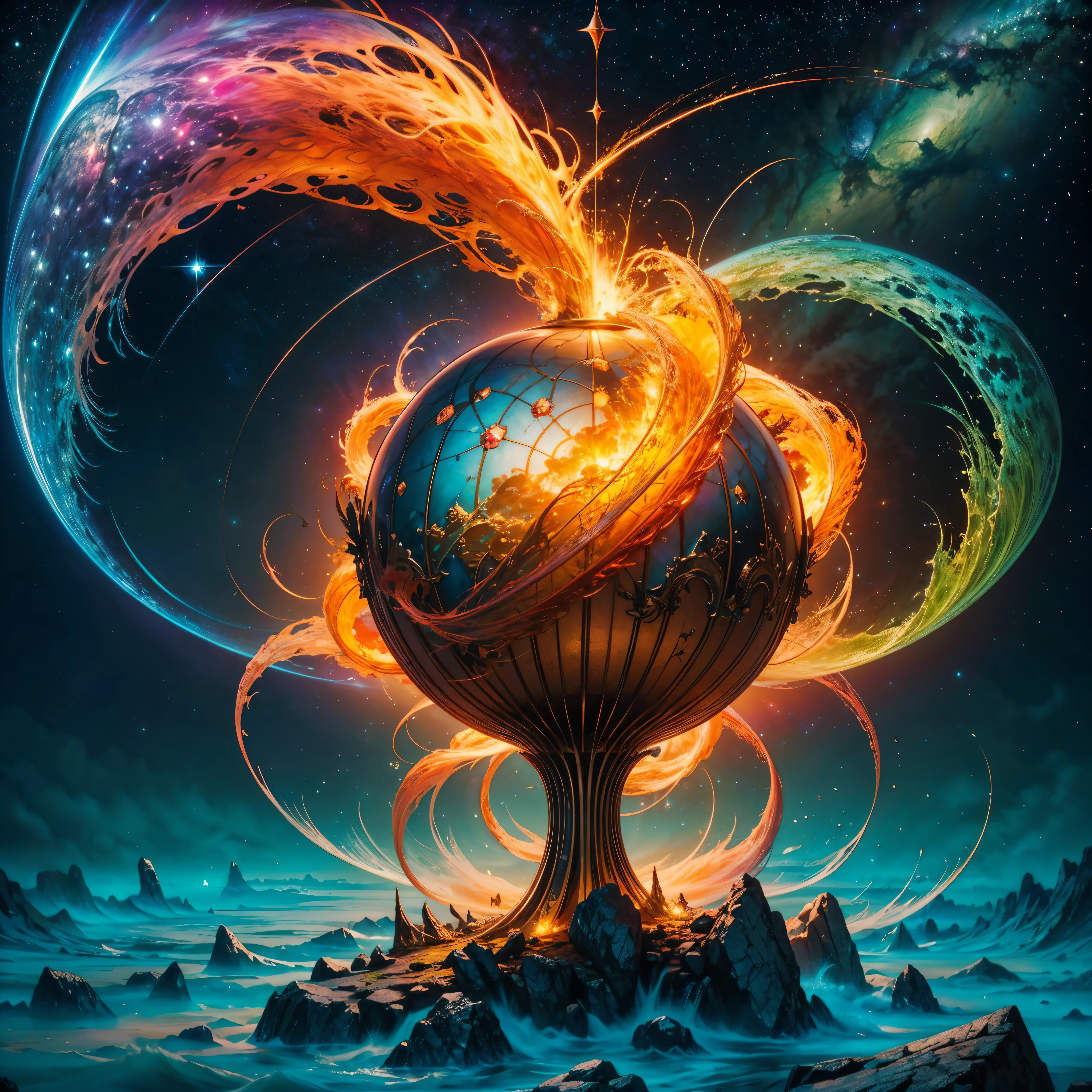 Hyper Vibrant Nebulae Octans by_Mappa Spacious Starry_sky Borealis (ð Sunset epic sunshine parabolic sunrise Rain_Color Colorful_liquid_on_naked_body:1.3 Colorful_body Colorful_ink_on_hair:1.2 Rainbow Abundant_colorful_liquids White_liquid fullbodye wet_Color_liquid) In the vast expanse of the cosmos, a breathtaking image unfolds before your eyes. In the heart of a starry galaxy, vibrant nebula dance and swirl, their ethereal colors blending and intertwining. The scene is a symphony of cosmic beauty, with tendrils of interstellar dust and gas reaching out into the void. The stars shine with an otherworldly brilliance, illuminating the cosmic tapestry that stretches across the vastness of space. It is a visual feast for the senses, an awe-inspiring glimpse into the wonders of the universe. BREAK,Detailed,Realistic, highly detailed digital art,octane render, bioluminescent, BREAK,by Mappa studios,masterpiece,best quality,official art,illustration,ligne claire,(cool_color),perfect composition,absurdres, fantasy,focused, "Scepter of Domination" rule of thirds (((Deedlit gorgeous Blond long hair native Elf Forest Lodoss War magic summon Ondine invocate Effrit))) masterpiece meticulously intricate ð deep path equirectangularðĄ ultra_high-details extreme improved ultra_high-quality ultra_high-res ultra_photo-realistic optimal ultra_sharpness perfection accurate volumetric SunLight Lightning_contrast global_illumination cgi vfx sfx reflex Octane_rendered ultra_high-def UHD XT3 DSLR HDR romm rgb pbr 3dcg fxaa blu-ray vivid colors-coded anti-aliasing fkaa txaa rtx ssao opengl-shaders glsl-shaders post-processing post-production cell-shading tone-mapping âĪluminescence ðglow ðĐHeart hearth Crystalline butterfly earth invoke monarch magic fleuraison monster monstrous creature sundrop slide onyx summon transparent ruby Earth hearth bloom flash Tourmaline opal strange glow hole reflection varies multi etc. --s 1000 --c 20 --q 20 --chaos 100