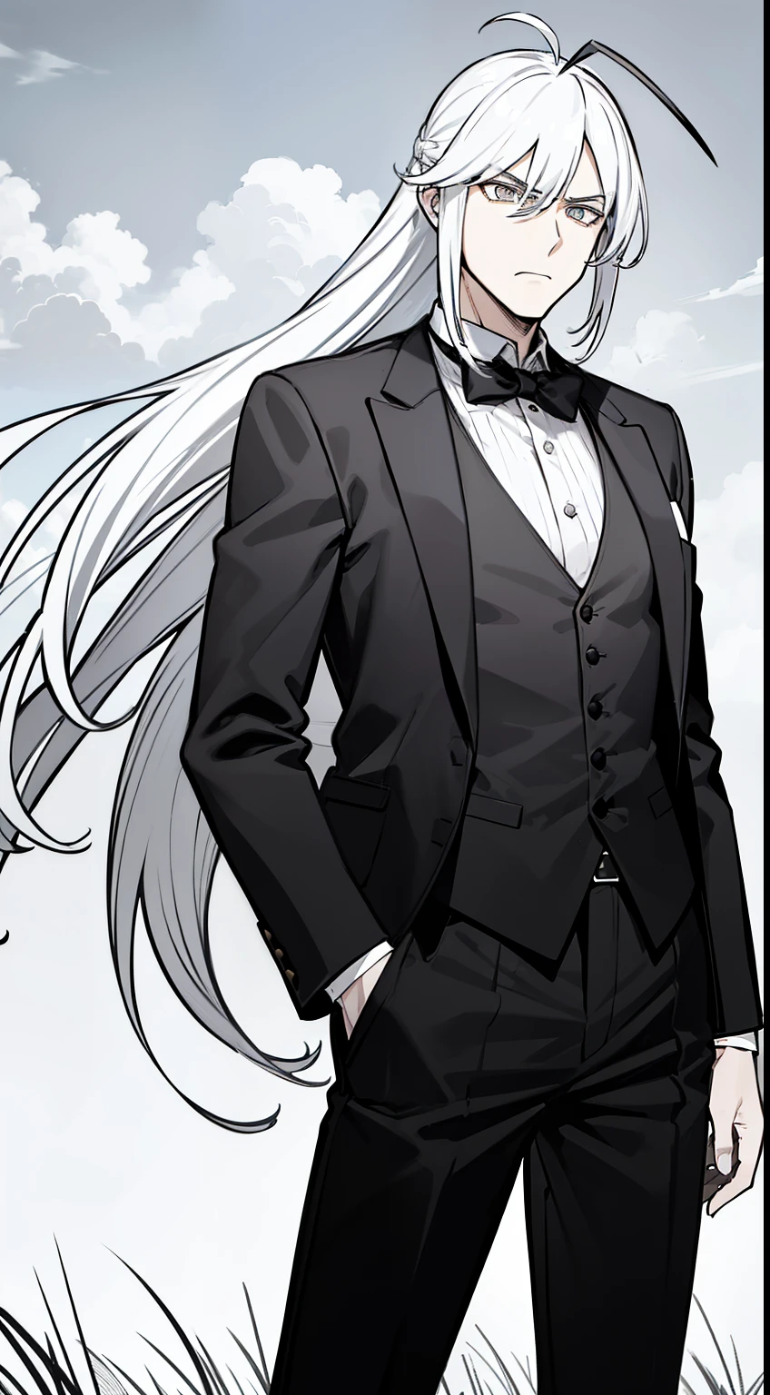 (1man,male),tall,cowboy shot,white hair,long hair,(((hair 2antennas))),(black blazer,black vest,black tie,black pants),angry,(standing in grass,sky,line drawing),standing,cowboy shot