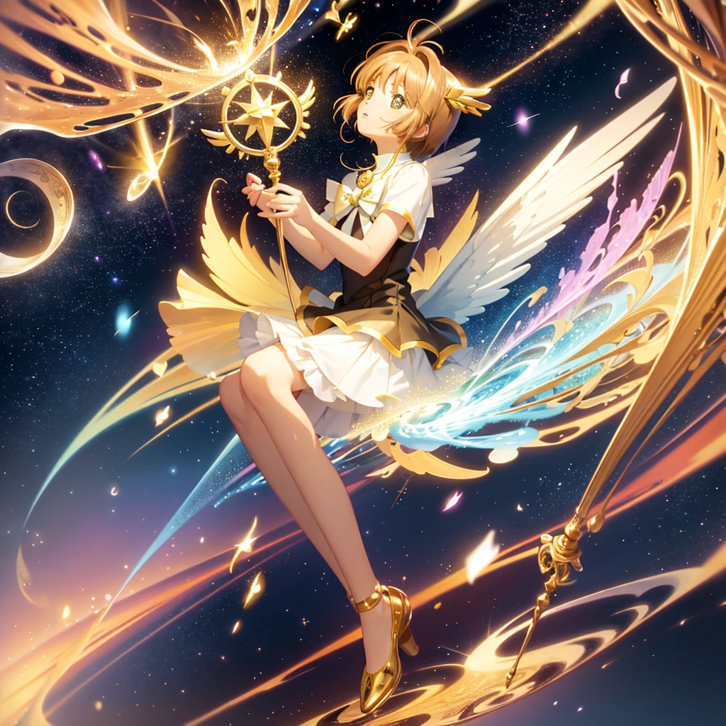 realistic, (masterpiece, excellent quality, highest quality, official art, beautiful and aesthetic: 1.2),(flight:1.4) very detailed, fractal art, colorful, more detailed, (abstract background: 1.5) (1 girl: 1.3), light brown hair, bright eyes, Hilarious, Hairstyle back, short hair, , milky way, Giant magic golden Sagittarius astrolabe, dream, fantasy, Golden trim, beautiful and detailed sky, Style and decoration, Female-only room, (Sakura Cardcaptor)
