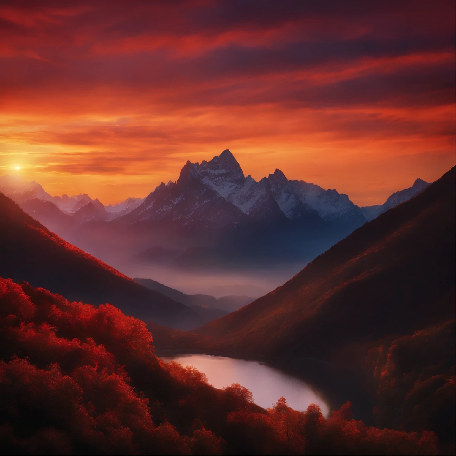 Dense mountains in the embrace of dusk, where the sun paints the setting in gradations of red, mixing between warm orange and gentle yellow. This mountain view reflects its natural beauty against the backdrop of the calm sky, creating a mesmerizing moment filled with romance and tranquility.