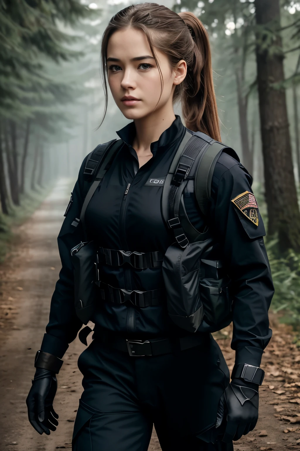Foto hiperrealista en primer plano de Willa Fitzgerald, masterpiece, best quality, (photorealistic:1.4), beautiful woman, skinny, small breasts, straight brown hair,hair tied in a ponytail, ponytail haircut, detailed face, photo taken from a distance, age 25 tears old, Special forces uniforms、Black tactical vest、black black Military trousers、Black combat gloves、rucksack、Black black military undershirt、Detailed facial and chest depictions、detailed hand depiction、Combat pose、Dynamic action、in woods、White smoke、watching at viewers