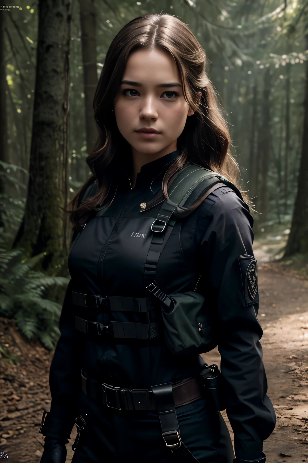 Foto hiperrealista en primer plano de Willa Fitzgerald, masterpiece, best quality, (photorealistic:1.4), beautiful woman, skinny, small breasts, straight brown hair, detailed face, photo taken from a distance, age 25 tears old, Special forces uniforms、Black tactical vest、black black Military trousers、Black combat gloves、rucksack、Black black military undershirt、Detailed facial and chest depictions、detailed hand depiction、Combat pose、Dynamic action、in woods、White smoke、watching at viewers