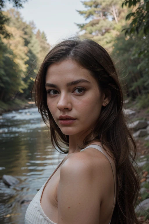Photo of a 20 year old brunette woman, that has a very natural face, thin lips, thin eyes, thin eyebrows, thin nose, earrings, long eyelashes. She makes a cute selfie in a bank of river