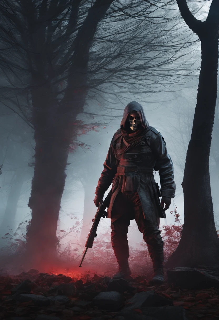 (melhor qualidade,4k,8k,high resolution,obra de arte:1.2),ultra-detalhado,(realista,photorealista,photo-realista)
A terrible soldier with a skull head,holding a rifle menacingly,Vestido com um manto escuro e esfarrapado,with glowing red eyes and an intimidating presence,in a desolate cemetery at night,com nevoeiro a rolar,Luar iluminando a cena,casting a sinister and mystical atmosphere,the dark silhouette of a spooky tree in the background,crisp, vivid colors enhancing the spooky environment,creating a sense of dread and anticipation,Horrifying creatures lurking in the shadows,rostos esculpidos nas arvores,cracked and decaying tombstones,adding an element of decay and darkness,figuras espectrais flutuando no ar,sussurrando assombradamente,como se estivessem tentando comunicar um segredo obscuro,creating a chilling and disturbing vibe,with a touch of gothic horror style.