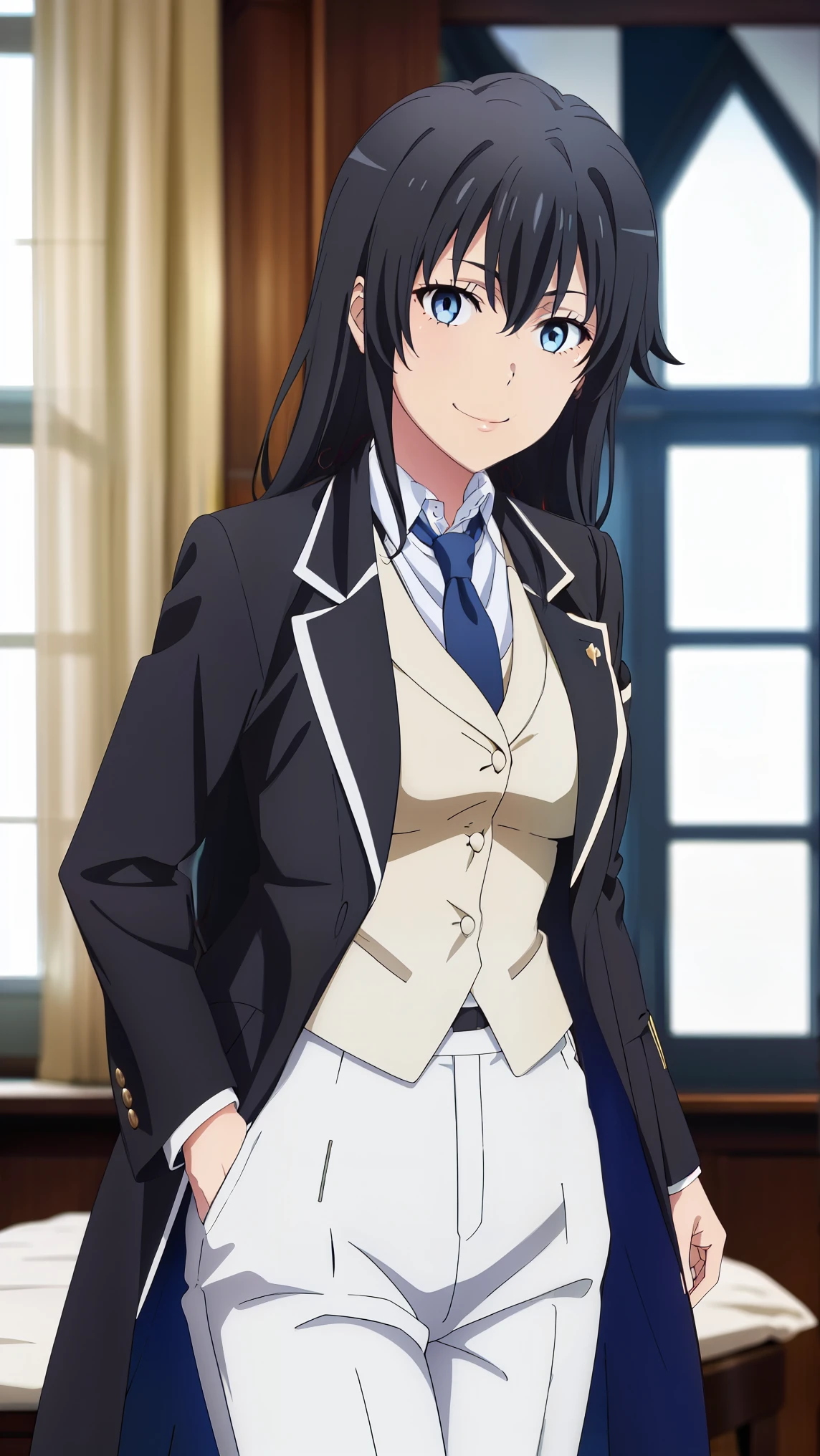 ((best quality)), ((masterpiece)), (detailed) 1girl, ;\), blurry, blurry_background, breasts, , hair_long looking_at_viewer, ok_sign, open_hand, Yukinoshita Yukino ,Woman wearing formal clothes, An attractive coat stands in a large gap in the room , 1girl, 独奏, blue necktie, Black hair, eyes blue, long hair, smile , collared shirt, white pants, white shirt , Elegantly designed coat , Stand in front of a window ,Perfectly tailored tailcoat. It has a stunning Victorian design and is made of lustrous fabric ,