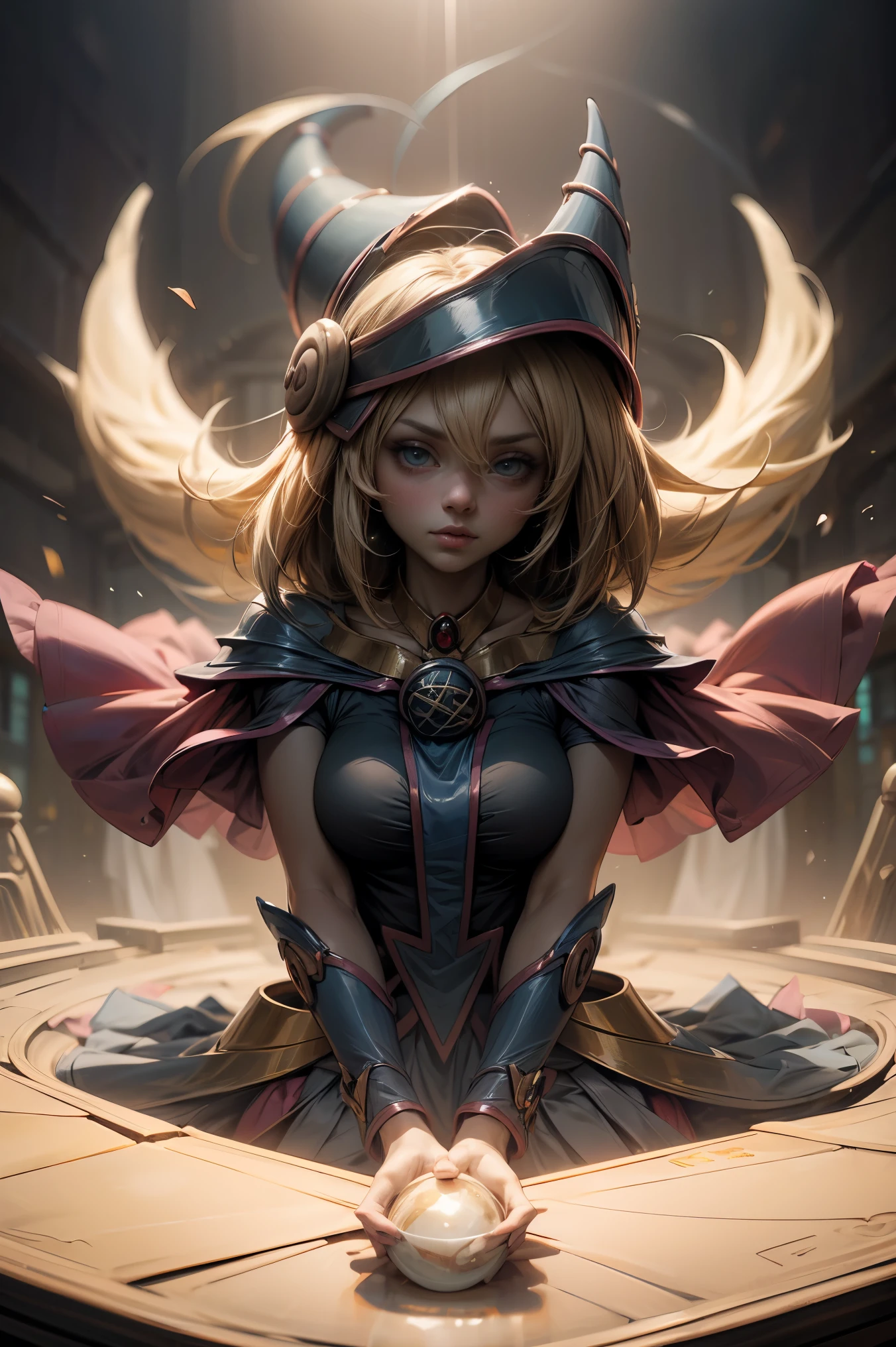 (masterpiece:1.2), (The best quality:1.2), perfect lighting, Dark Magician Girl casting a spell, floating in the air, big tits, neckline, magic background. Transparent hearts in the air, blue robe, big hat, from above, Sparkles, Yugioh Card in the background. In heels and a bikini 