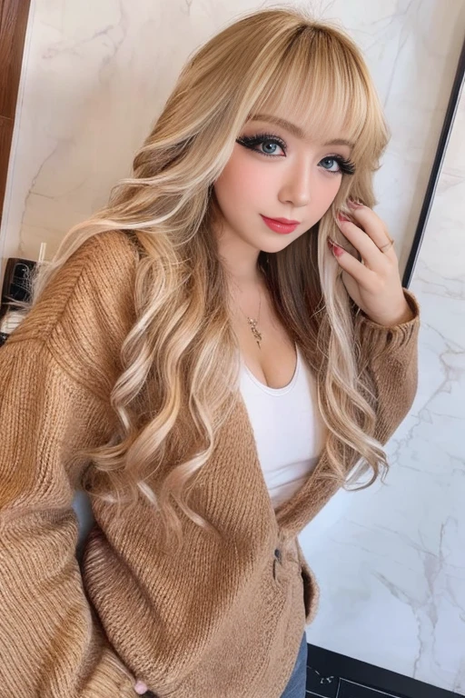 blonde、curly hair、gal makeup、fluffy eyelashes、big breasts、Are standing、valley、stand up、long legs