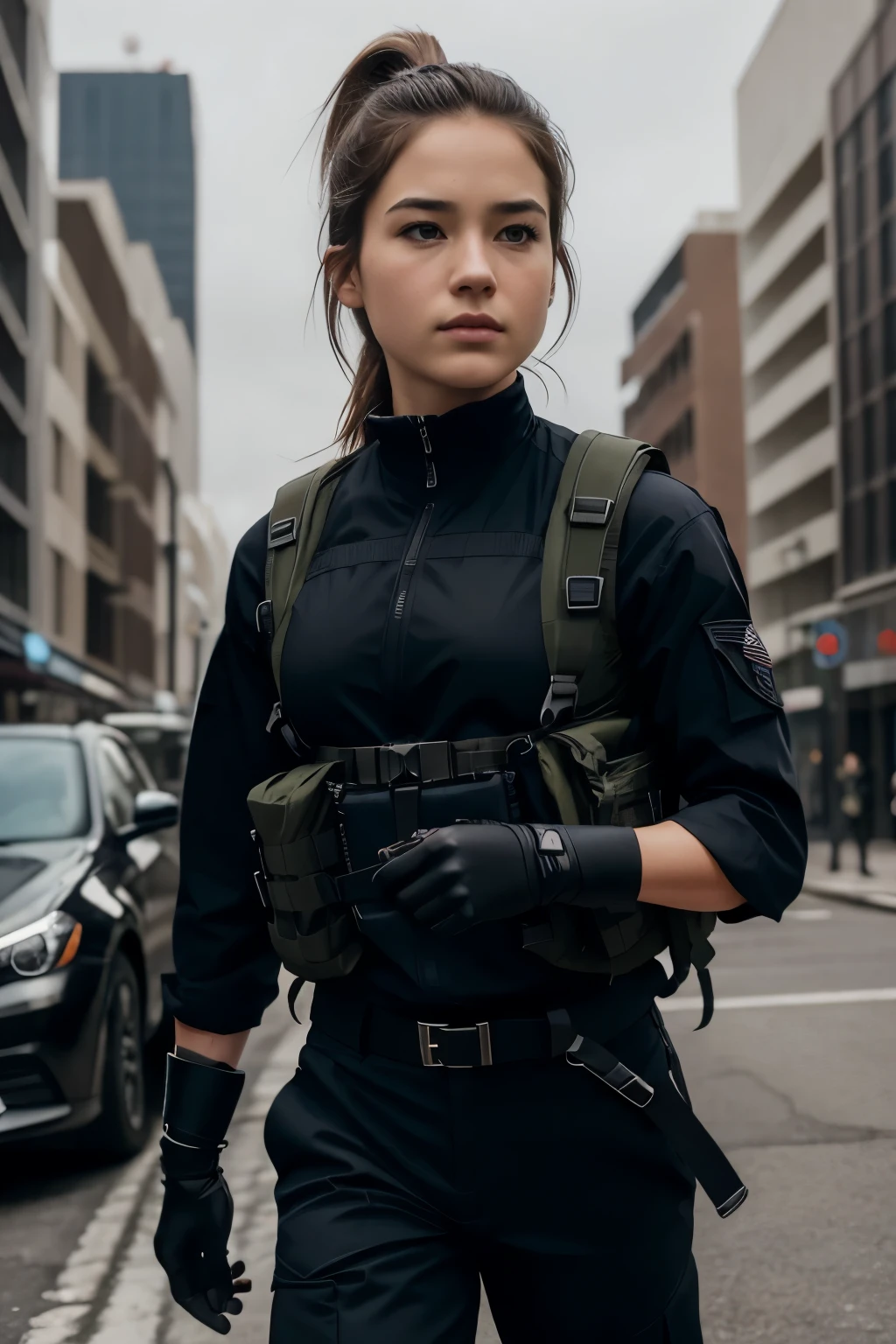 Foto hiperrealista en primer plano de Willa Fitzgerald, masterpiece, best quality, (photorealistic:1.4), beautiful woman, skinny, small breasts, straight brown hair,hair tied in a ponytail, ponytail haircut, detailed face, photo taken from a distance, age 25 tears old, Special forces uniforms、Black tactical vest、black black Military trousers、Black combat gloves、rucksack、Black black military undershirt、Detailed facial and chest depictions、detailed hand depiction、Combat pose、Dynamic action、in the city、White smoke、watching at viewers