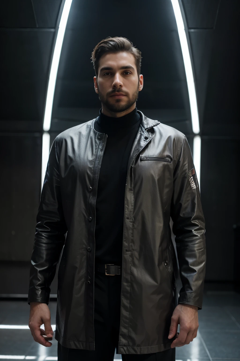 In a futuristic world, a 30-year-old man with a perfectly groomed beard stands in front of a sleek, metallic building. His beard is a mix of vibrant colors, reflecting the advanced technology and diversity of this society. The man's confident stance and sharp features are rendered in a bold, graphic style, making him stand out against the futuristic backdrop. This image is a unique and visually striking representation of a modern man with a hint of old-world charm.