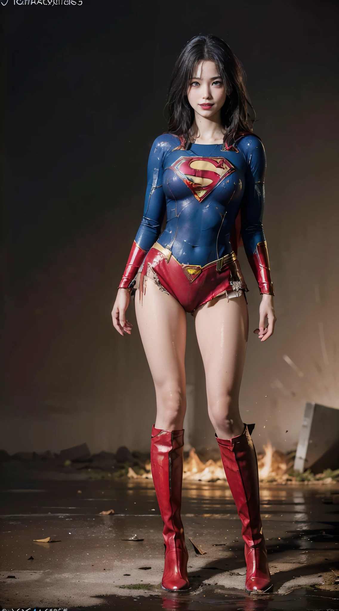 no background、short hair、supergirl costume、Ahegao、Snug costume、(((stretch your legs、tall、Legally express the beauty of your smile)))、((((Get the most out of your original images)))、(((supergirl costume、torn、Tattered、being destroyed)))、(((beautiful hair)))、(((I&#39;m in pain)))、(((Legs must be worn with black tights)))、(((must wear red boots、being destroyed)))、((Highest image quality、8K))、((highest quality、8K、masterpiece:1.3))、(((keep background )))、clear focus:1.2、beautiful woman with perfect figure:1.4、Full of scars、bloody、full of blood、slender abs:1.2、wet body:1.5、Highly detailed face and skin texture、8K