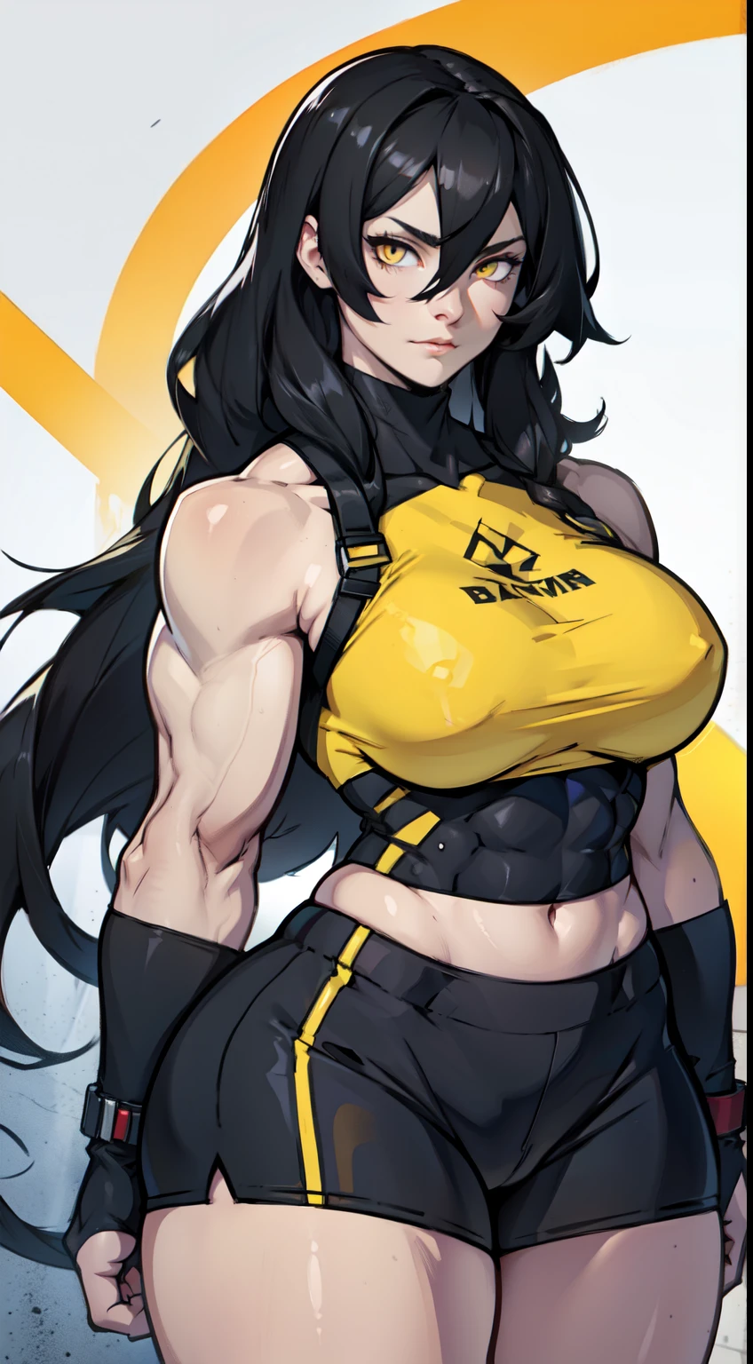 black hair yellow eyes pale skin long hair hair between eyes voluminous hair muscular girl thick thick thick breasts