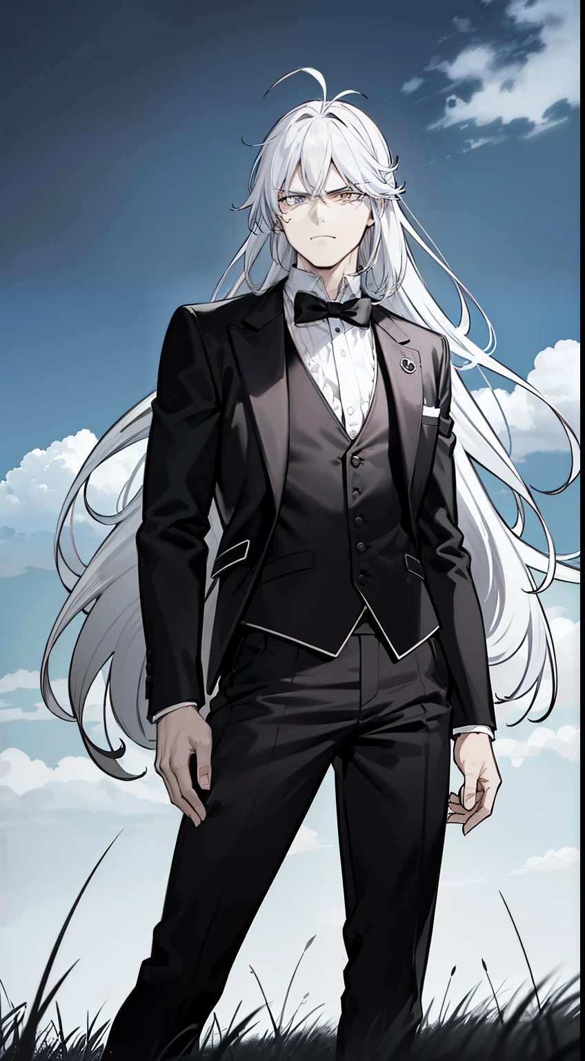 (1man,male),cowboy shot,white hair,long hair,(((hair 2antennas))),(black blazer,black vest,black tie,black pants),angry face,(grass,sky,line drawing),cowboy shot,standing,16k,masterpiece,ulttra hd