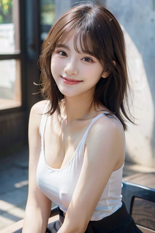 8K, highest quality, real image, intricate details, Super detailed, ultra high resolution, depth field,(realistic,realistic:1.2),table top , frontal shot , From the middle , 1 girl, 17 year old girl, small eyes, beautiful breasts:1.5、highly detailed eyes:1.2)、(beautiful breasts:1.1)、short hair、bangs, perfect skin, Fair skin, tight waist, light blush, alone, looking at the viewer, light smile, (White Round Neck T-Shirt, black shorts)