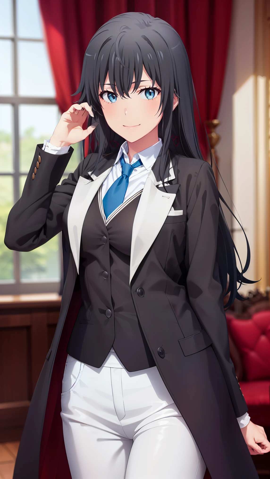 ((best quality)), ((masterpiece)), (detailed) 1girl, ;\), blurry, blurry_background, breasts, , hair_long looking_at_viewer, ok_sign, open_hand, Yukinoshita Yukino ,Woman wearing formal clothes, An attractive coat stands in a large gap in the room , 1girl, 独奏, blue necktie, Black hair, eyes blue, long hair, smile , collared shirt, white pants, white shirt , Elegantly designed coat , Stand in front of a window ,Perfectly tailored tailcoat. It has a stunning Victorian design and is made of lustrous fabric